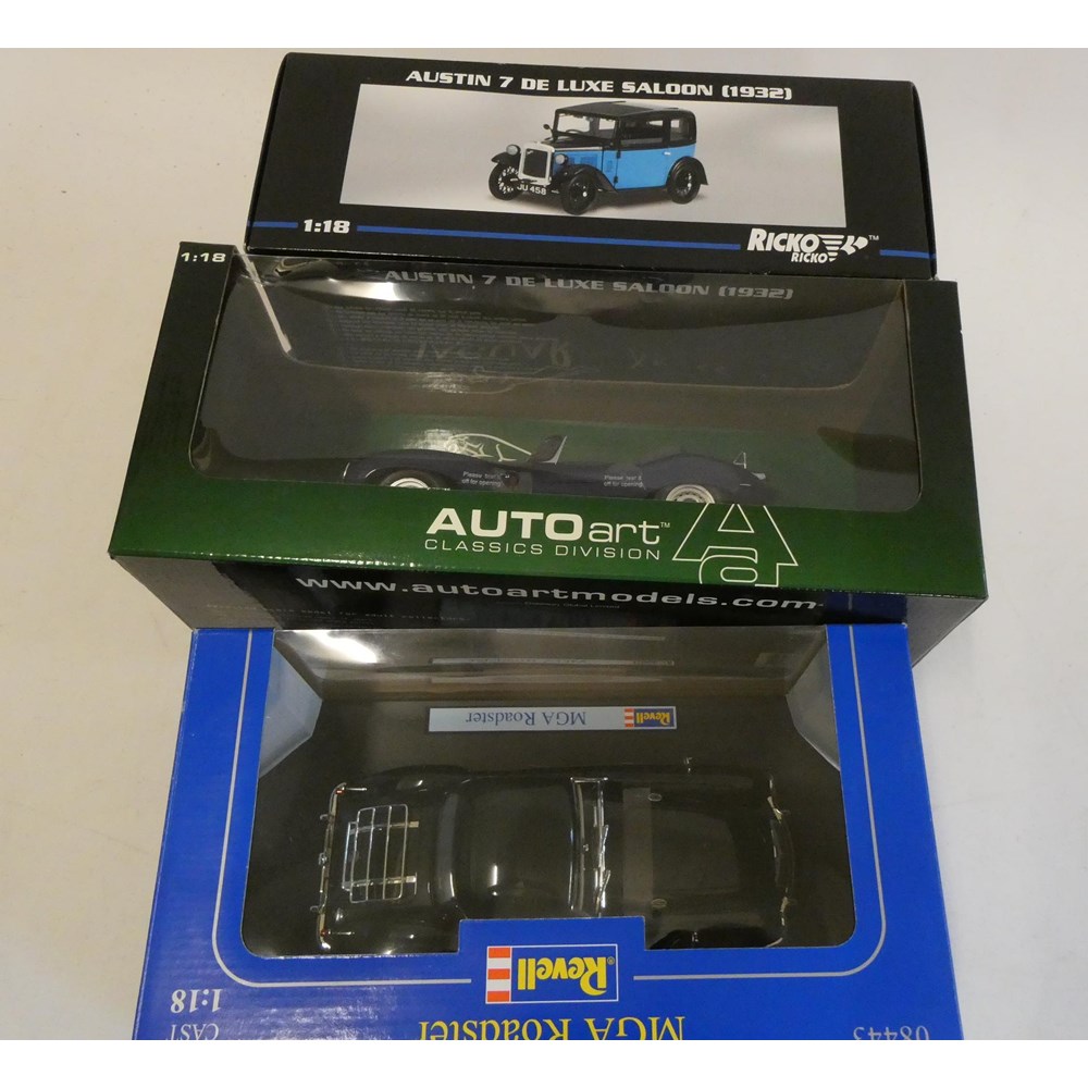 Three 1/18th scale diecast cars comprising Ricko Austin 7 saloon Image