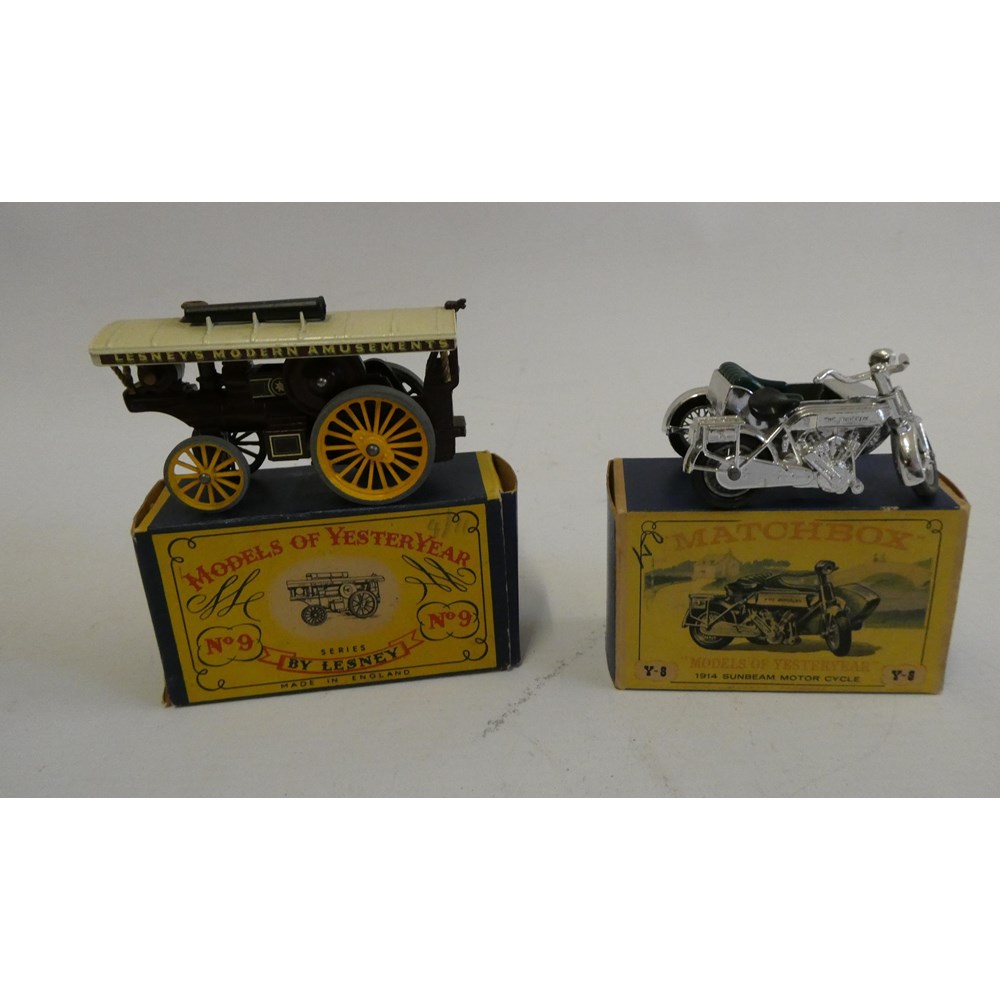 Models of Yesteryear Y-8 Sunbeam motorcycle in silver, boxed, good to excellent and a No.9 Showmans Image
