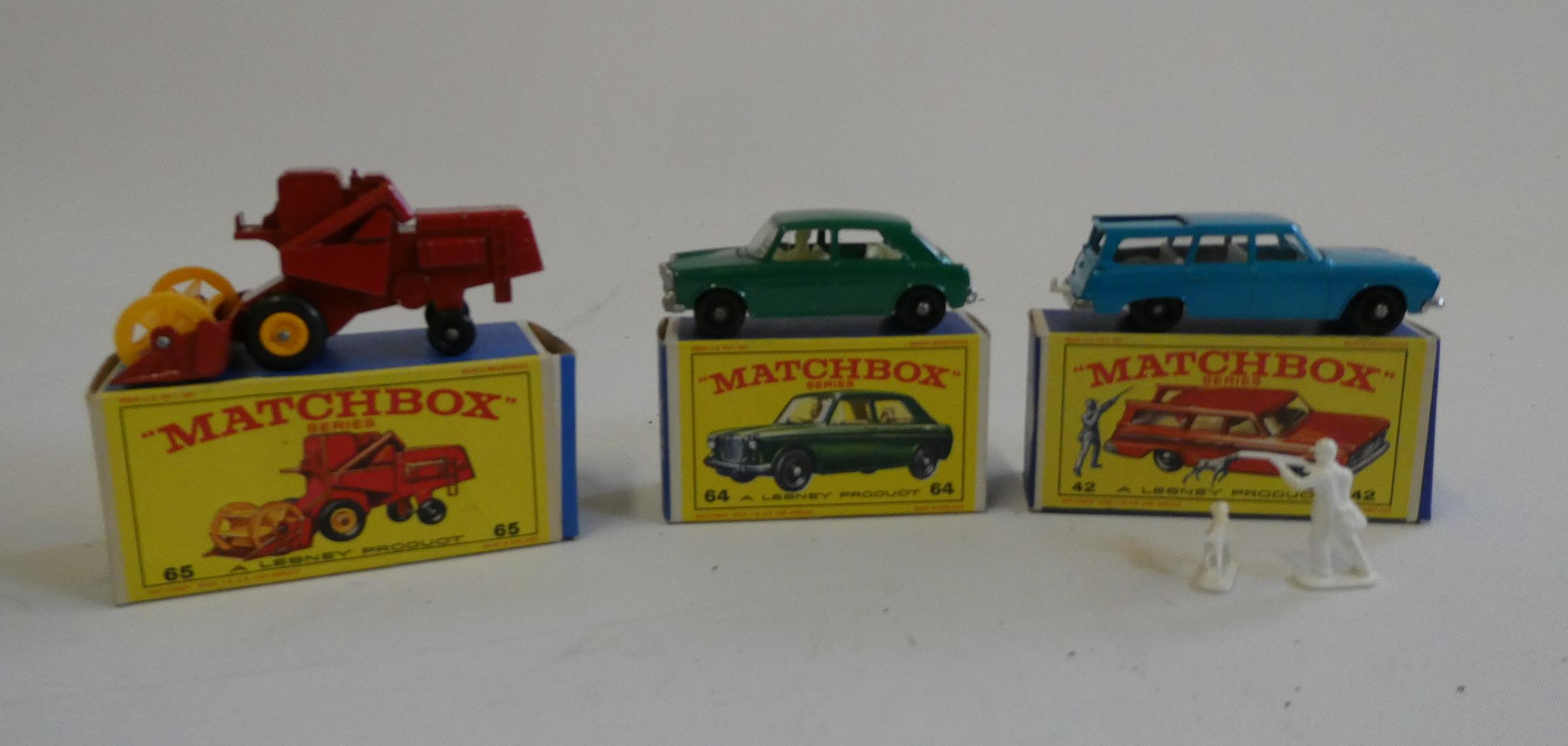 Matchbox No42 Studebaker station wagon, 64 MG 1100 and 65 Combine Harvester, all items boxed, boxes Image