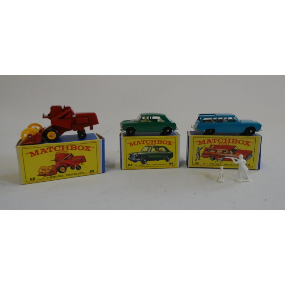 Matchbox No42 Studebaker station wagon, 64 MG 1100 and 65 Combine Harvester, all items boxed, boxes Image