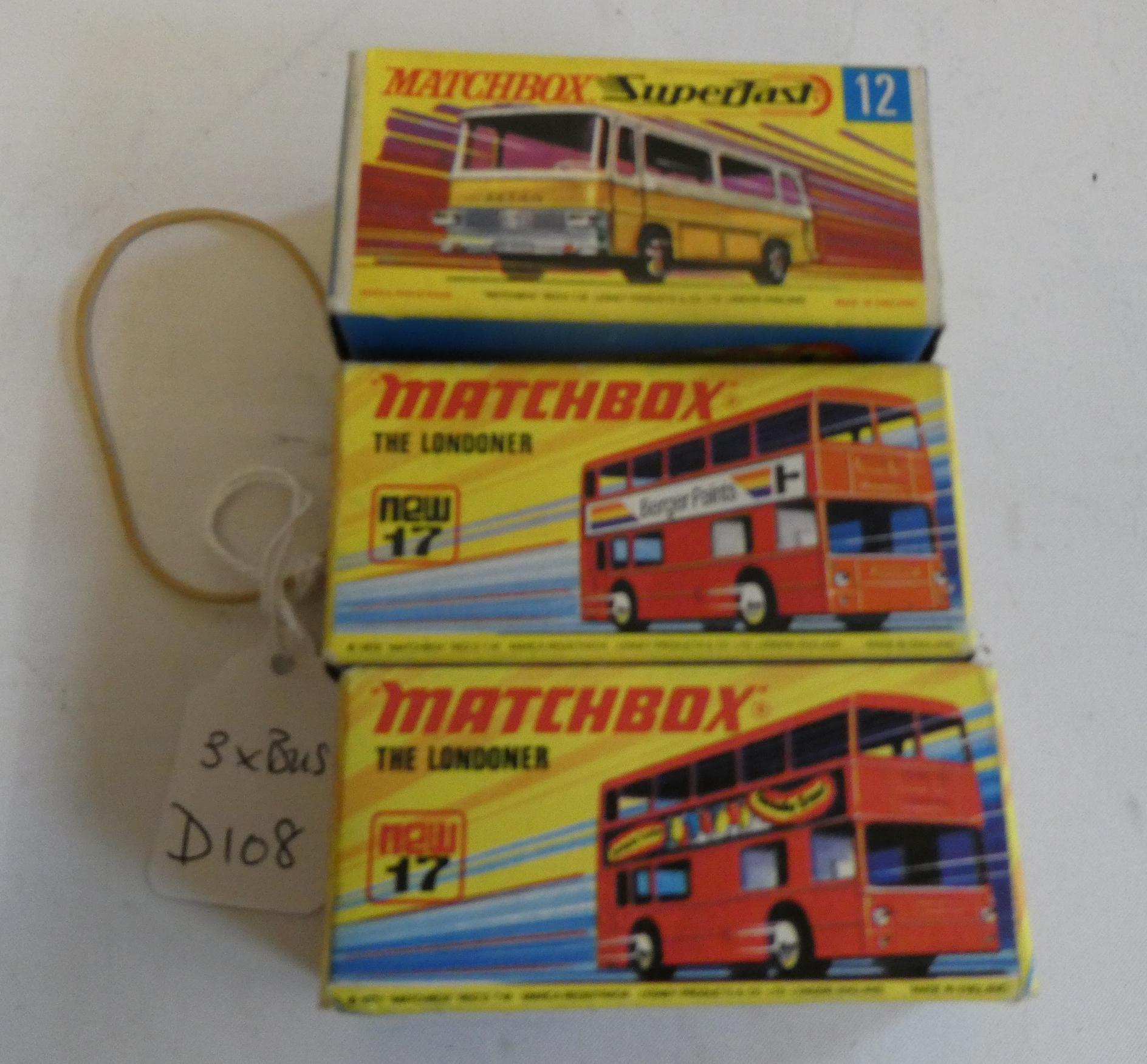 Three Matchbox Superfast Bus models comprising No.12 Setra Coach and two No.17 London buses, all Image