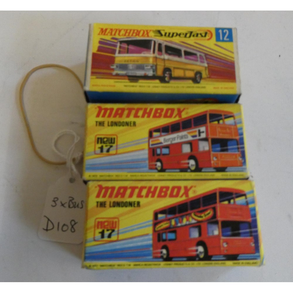 Three Matchbox Superfast Bus models comprising No.12 Setra Coach and two No.17 London buses, all Image
