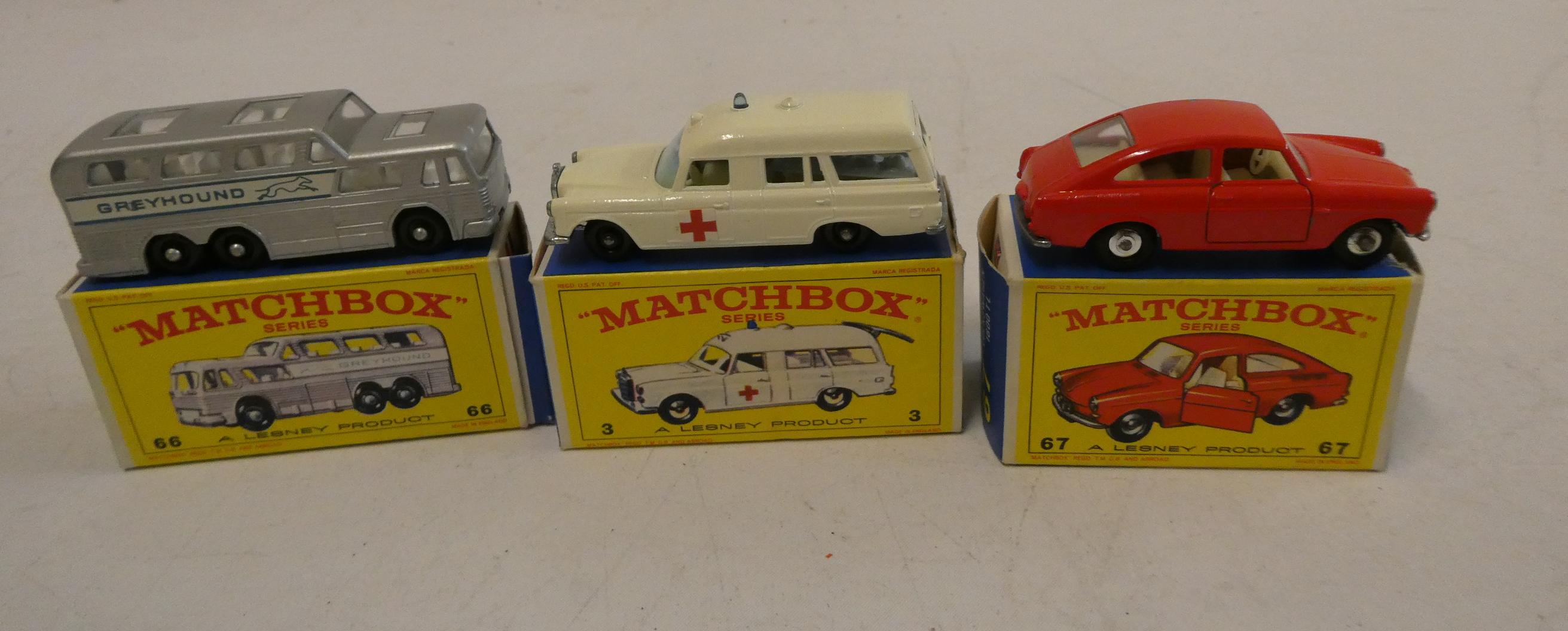 Matchbox No.3 Mercedes Benz, Ambulance #66, Greyhound bus and a number 67 Volkswagen 1600 TL boxes Image