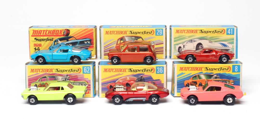 Six Matchbox Superfast cars comprising 8 Wildcat Dragster, 14 Iso Grifo, 29 racing Mini, 36 Draguar, Image