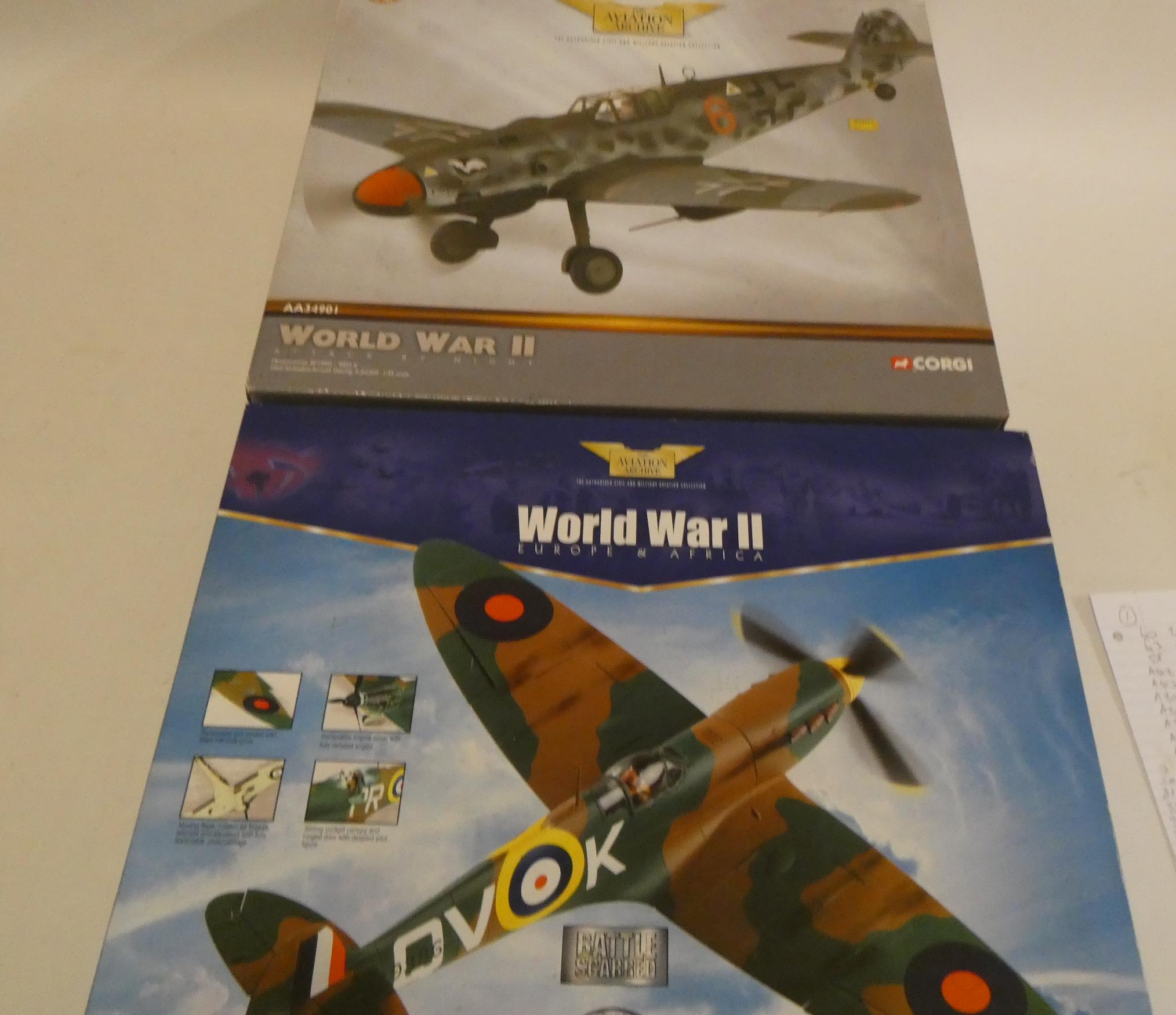 Corgi Aviation Archive 1:32 scale models comprising Spitfire Mk1 No 19 Squadron and ME109G, both Image