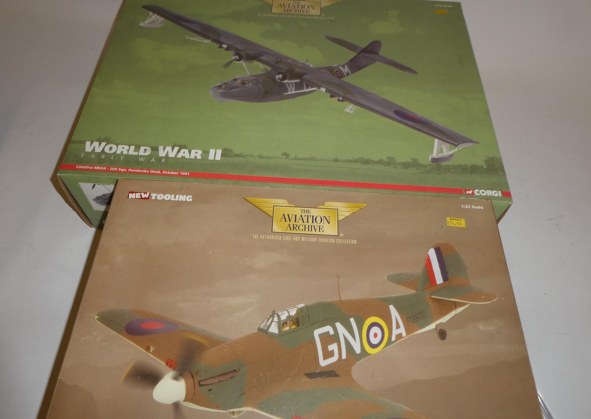 Corgi Aviation Achieve 1:32 scale Hawker Hurricane MK1a and 1:72 RAF Cataline MKII-A, both items Image