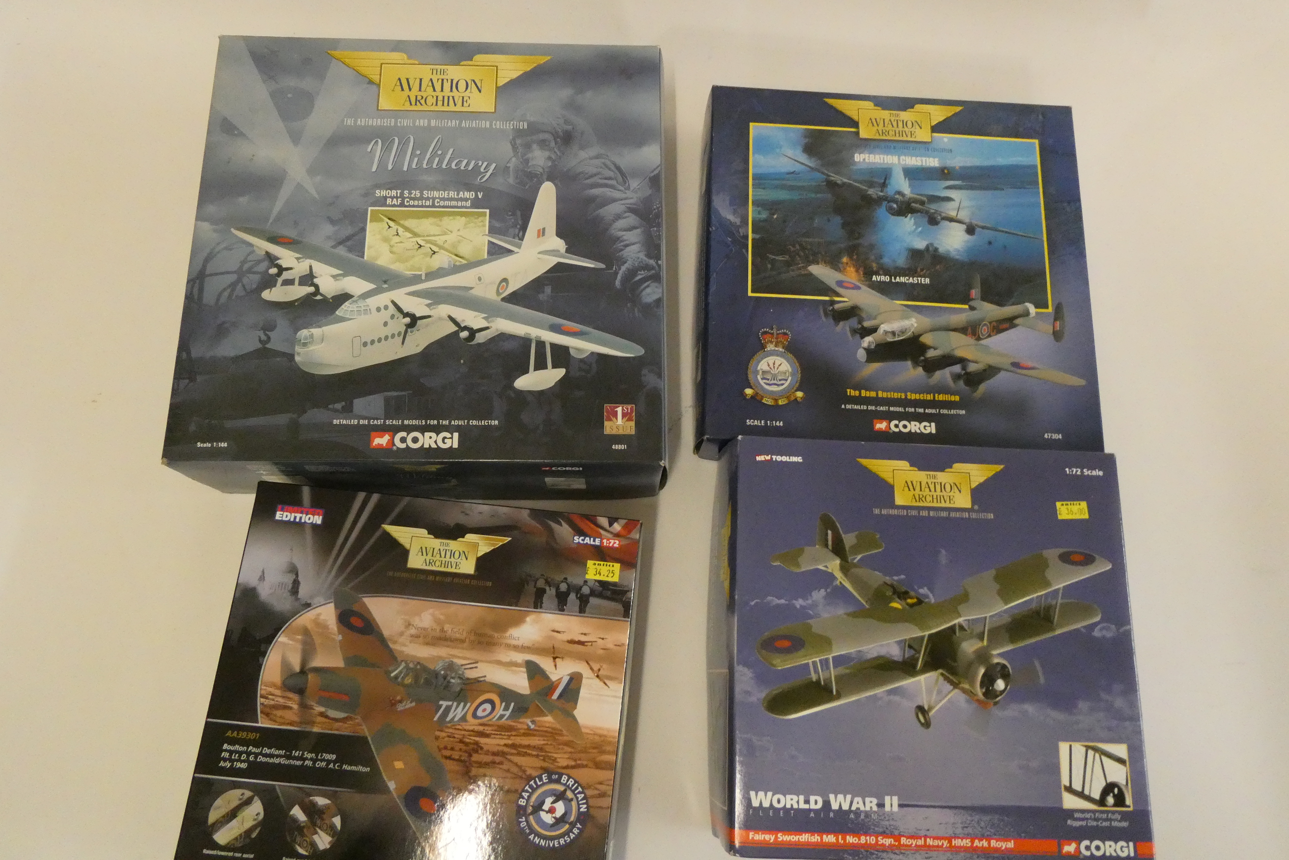 Corgi Aviation Archive Dam Busters Lancaster, Fairey Swordfish MK1, Bolton Paul Defiant and Short Image