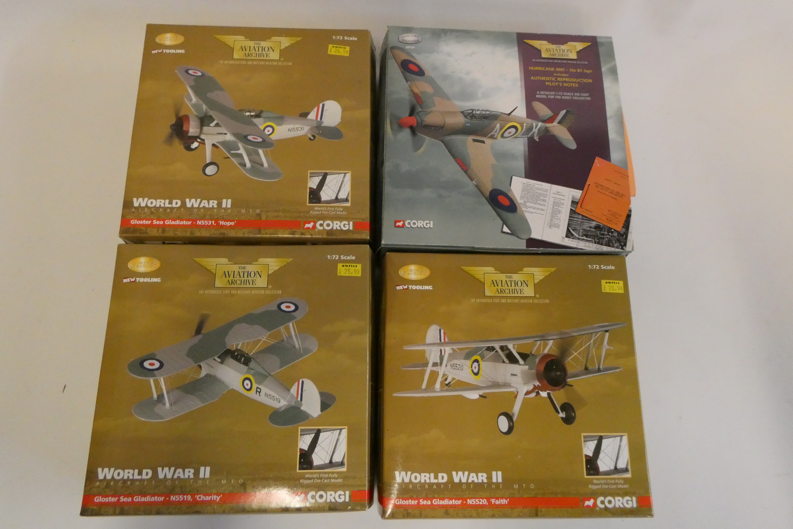 Corgi Aviation Archive Hurricane MK1, See Gladiator Hope, Gloucester Sea Gladiator Faith and Image