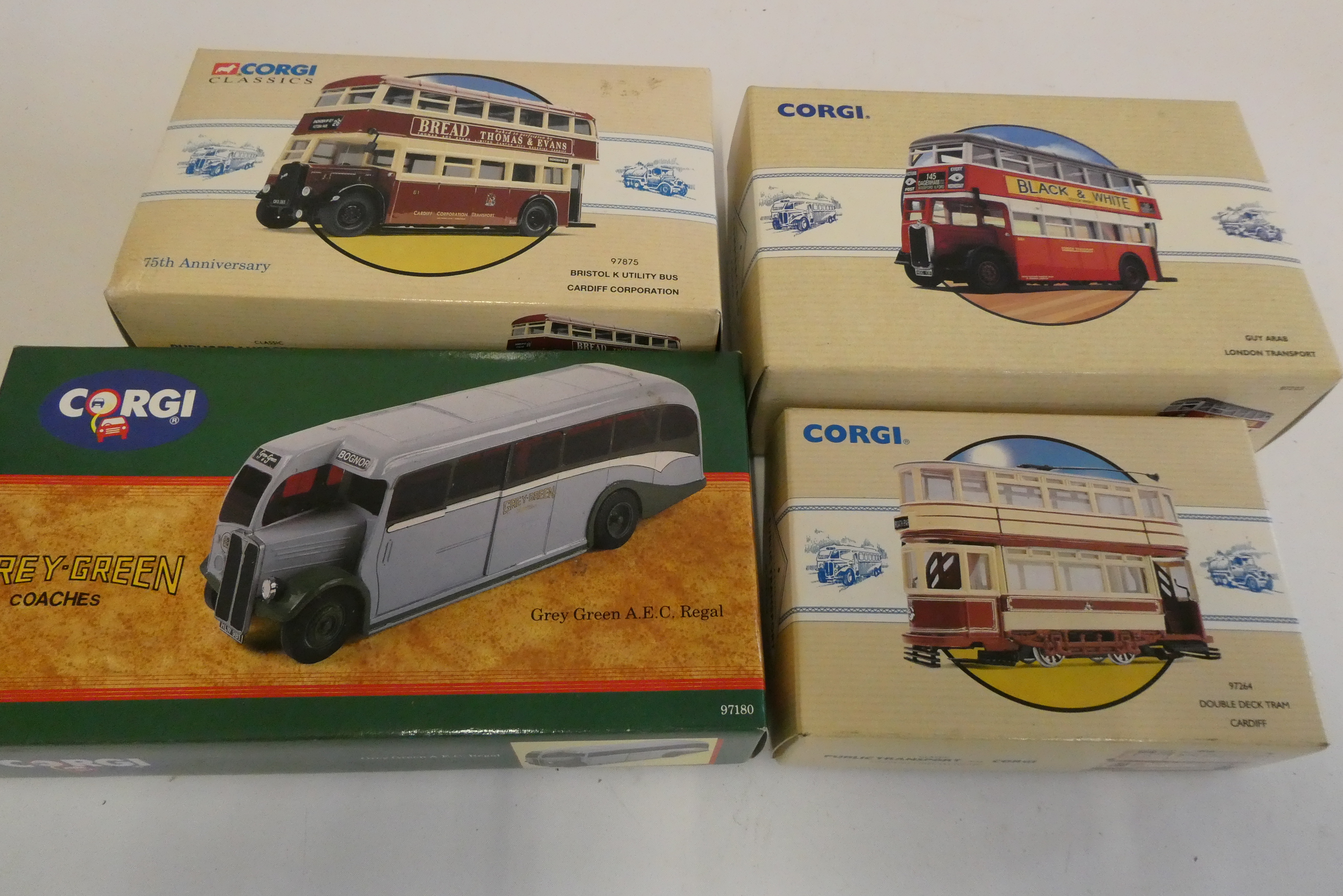 Corgi Classics Double Decker tram, Arab bus, Bristol utility bus, grey green and an AEC Regal coach, Image