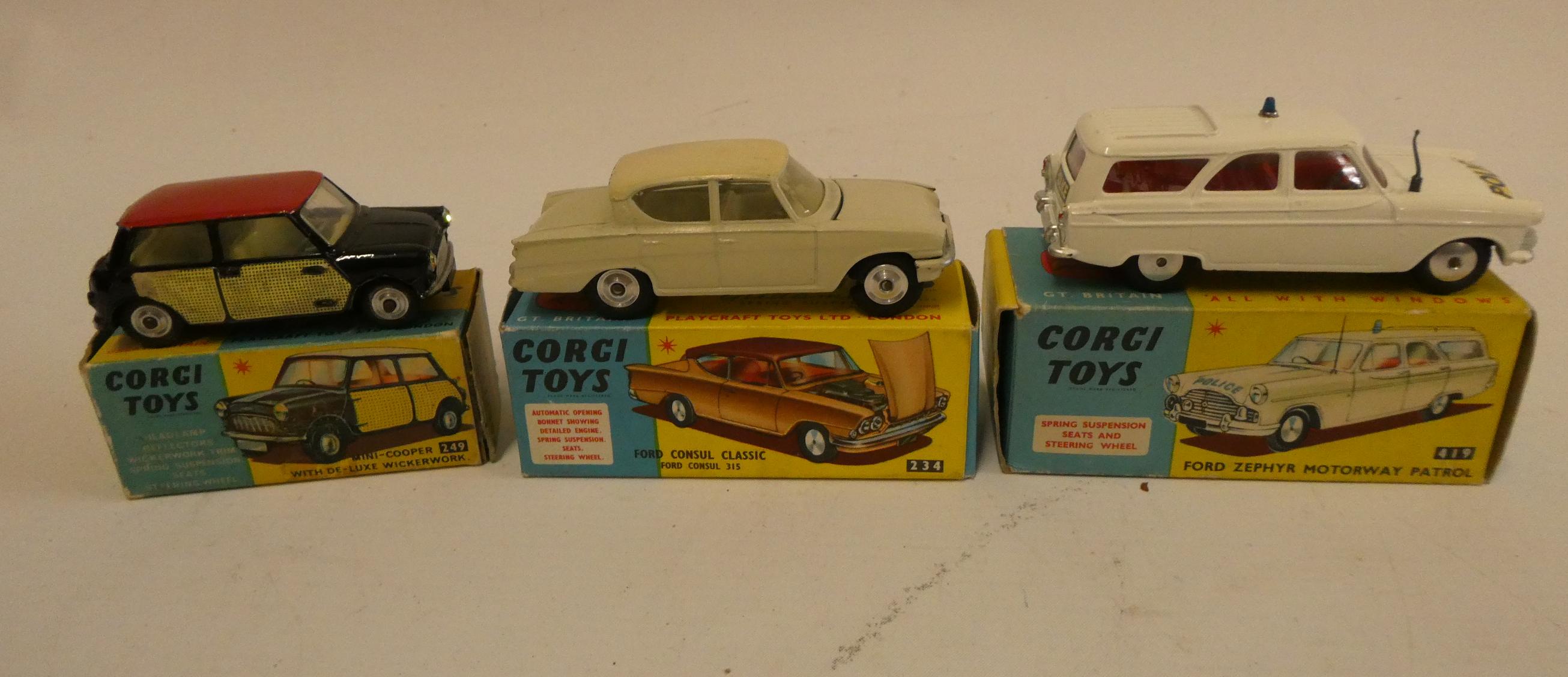 Corgi 249 Mini Cooper, box fair, model fair, 234 Ford Consul Classic, box good, model good and a 419 Image