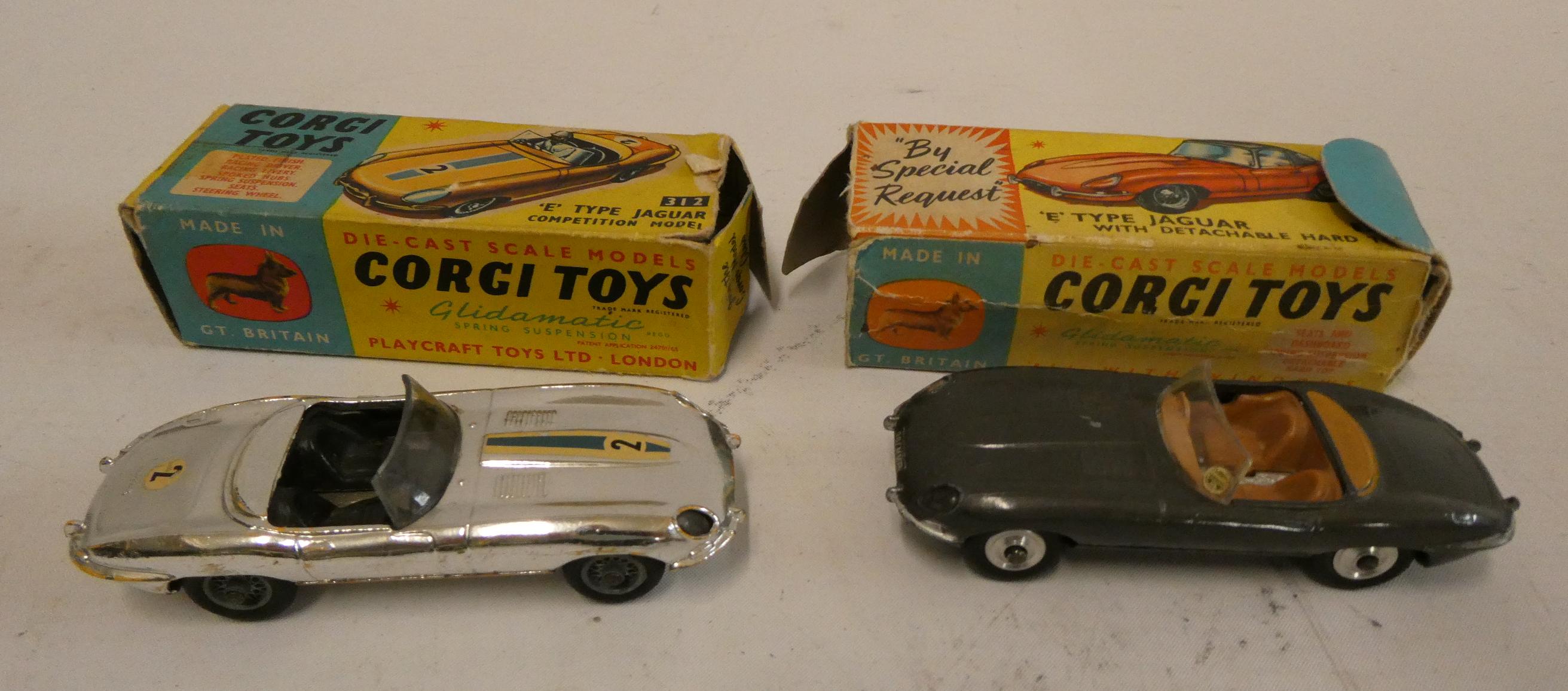 Corgi 312 E type Jaguar Competition model, box poor, model poor and a 307 Jaguar E type, box poor, Image