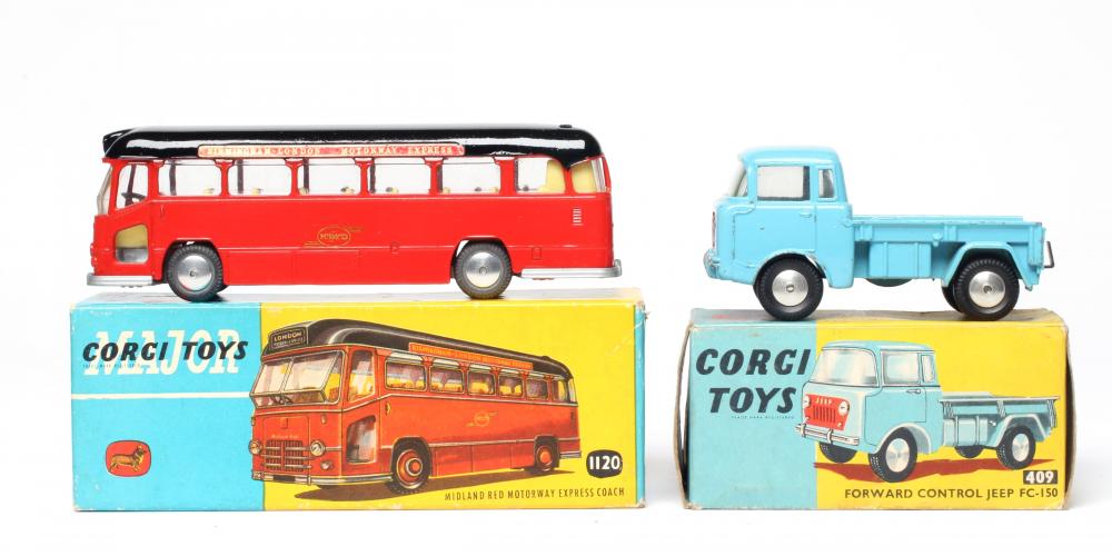 Corgi 409 Forward Control Jeep FC-150, box good, model good and a 1120 Midland red motorway express Image