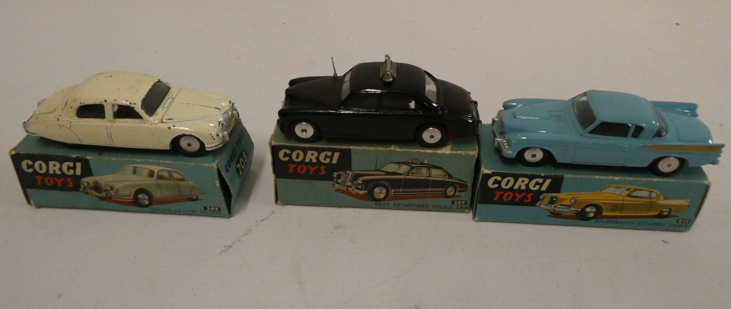 Corgi 211 Studebaker Hawk, 209 Riley police car and 208 Jaguar saloon, boxes fair to poor, models Image