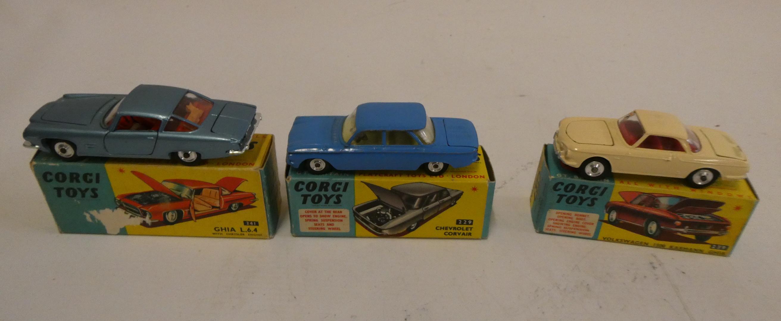 Corgi 241 GHIA L64, box fair, model excellent, 229 Chevrolet Corvar, box good, model excellent, and Image