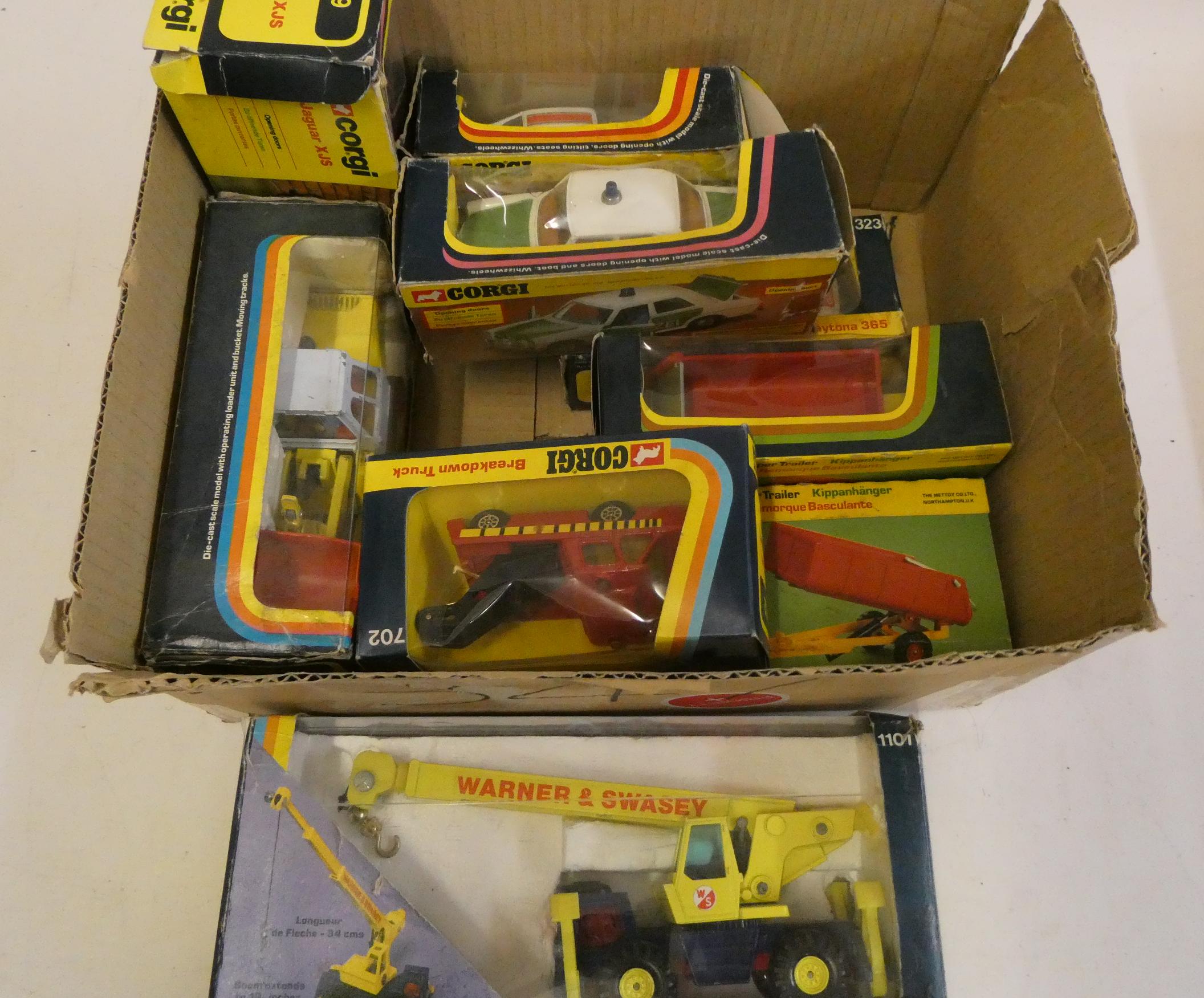 Nine Late issue Corgi vehicles including Mercedes police car, Jaguar XJS Ford Capri and farm Image