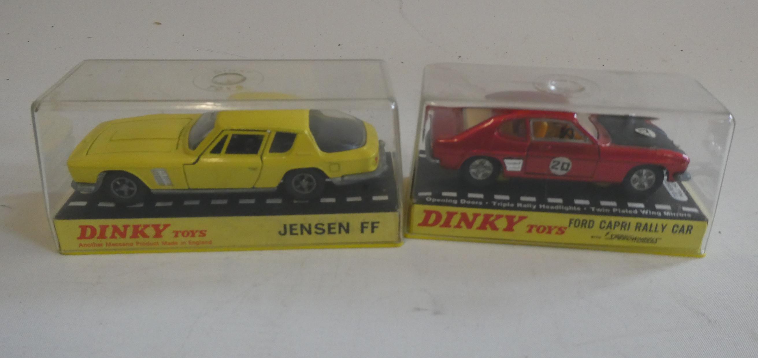 Dinky 188 Jenson FF in yellow and 213 Ford Capri rally car, both in display boxes, excellent Image