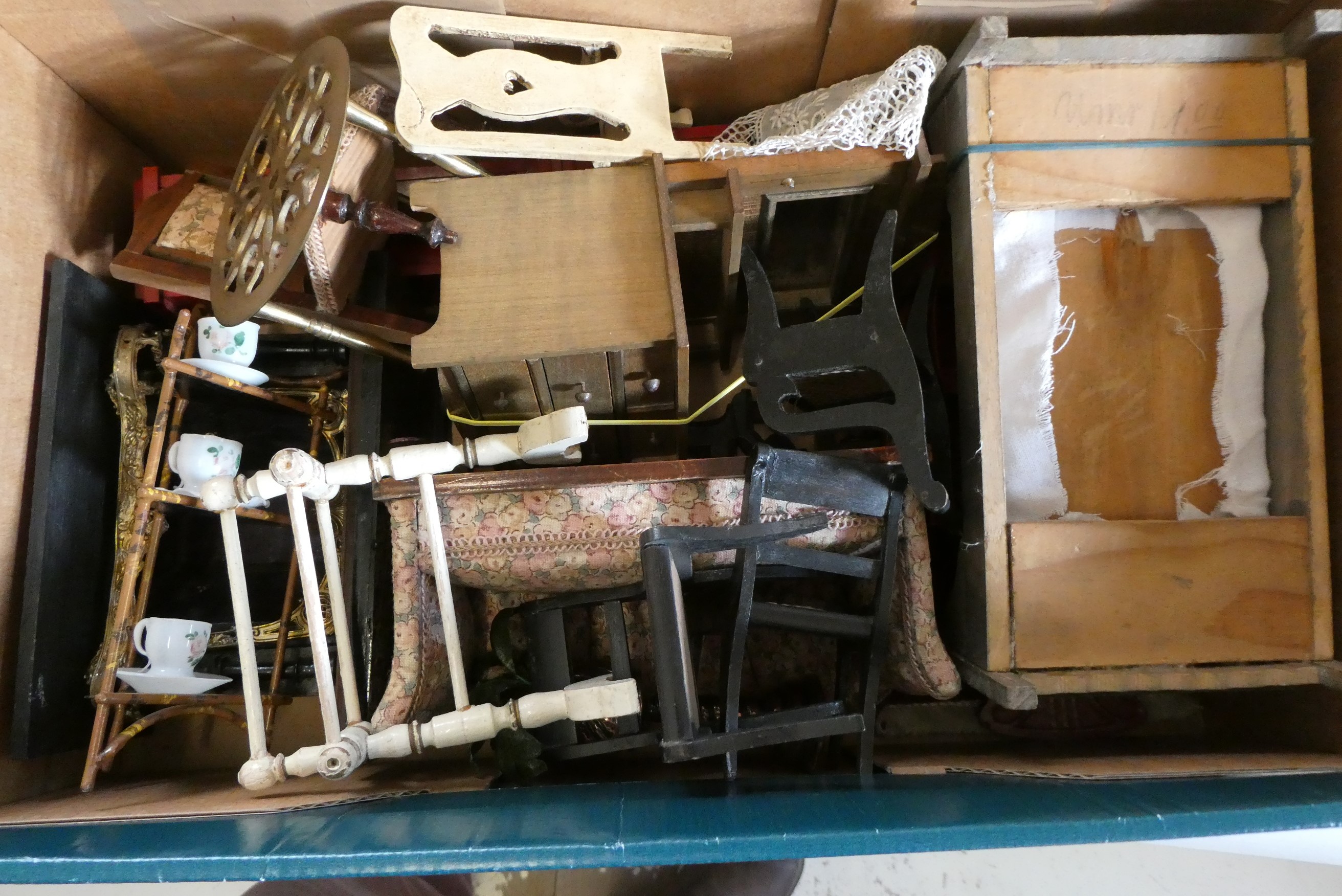 Box of good quality antique dolls house furniture and accessories Image