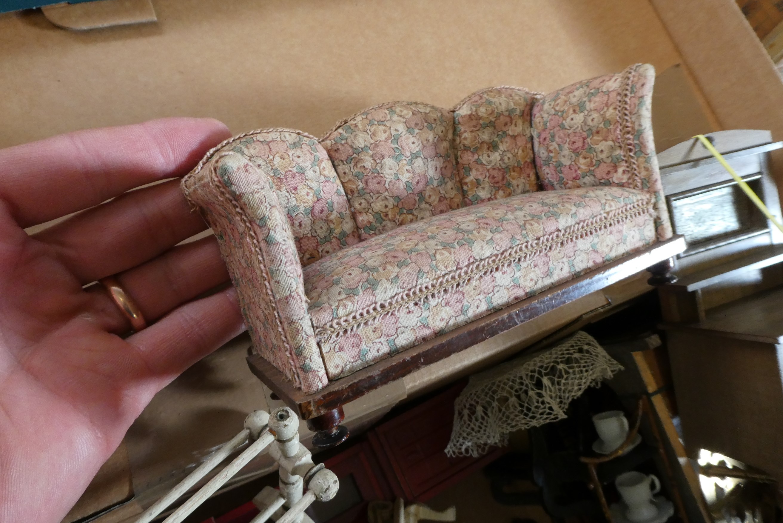 Box of good quality antique dolls house furniture and accessories Image