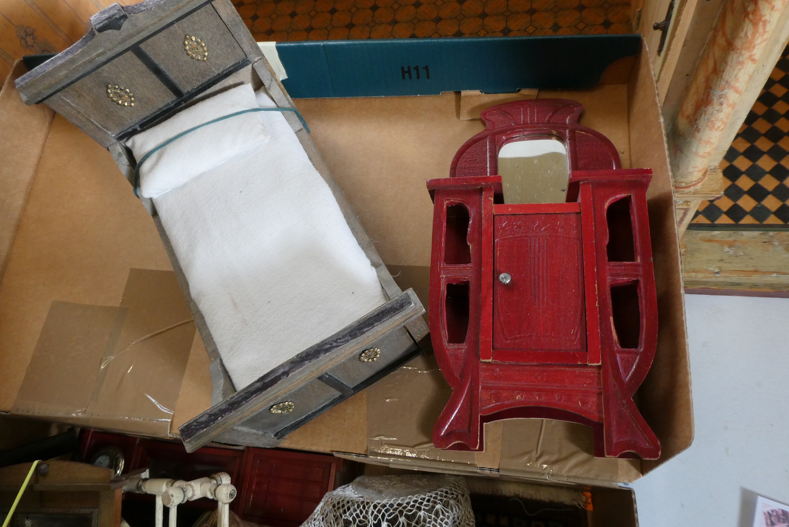 Box of good quality antique dolls house furniture and accessories Image