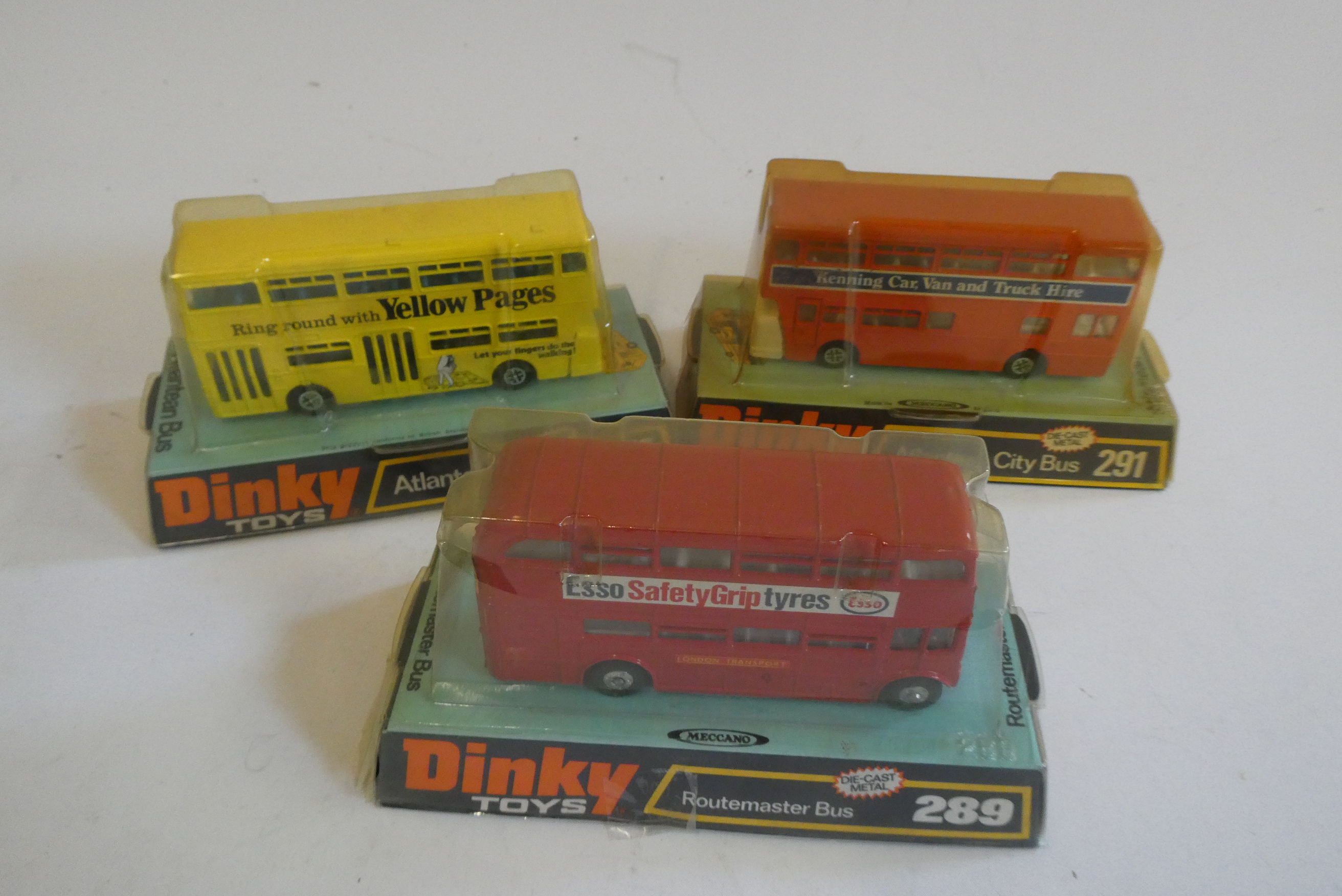 Dinky 289 Route Master bus in display packaging, 295 Atlantean Bus and display packing and 291 Image