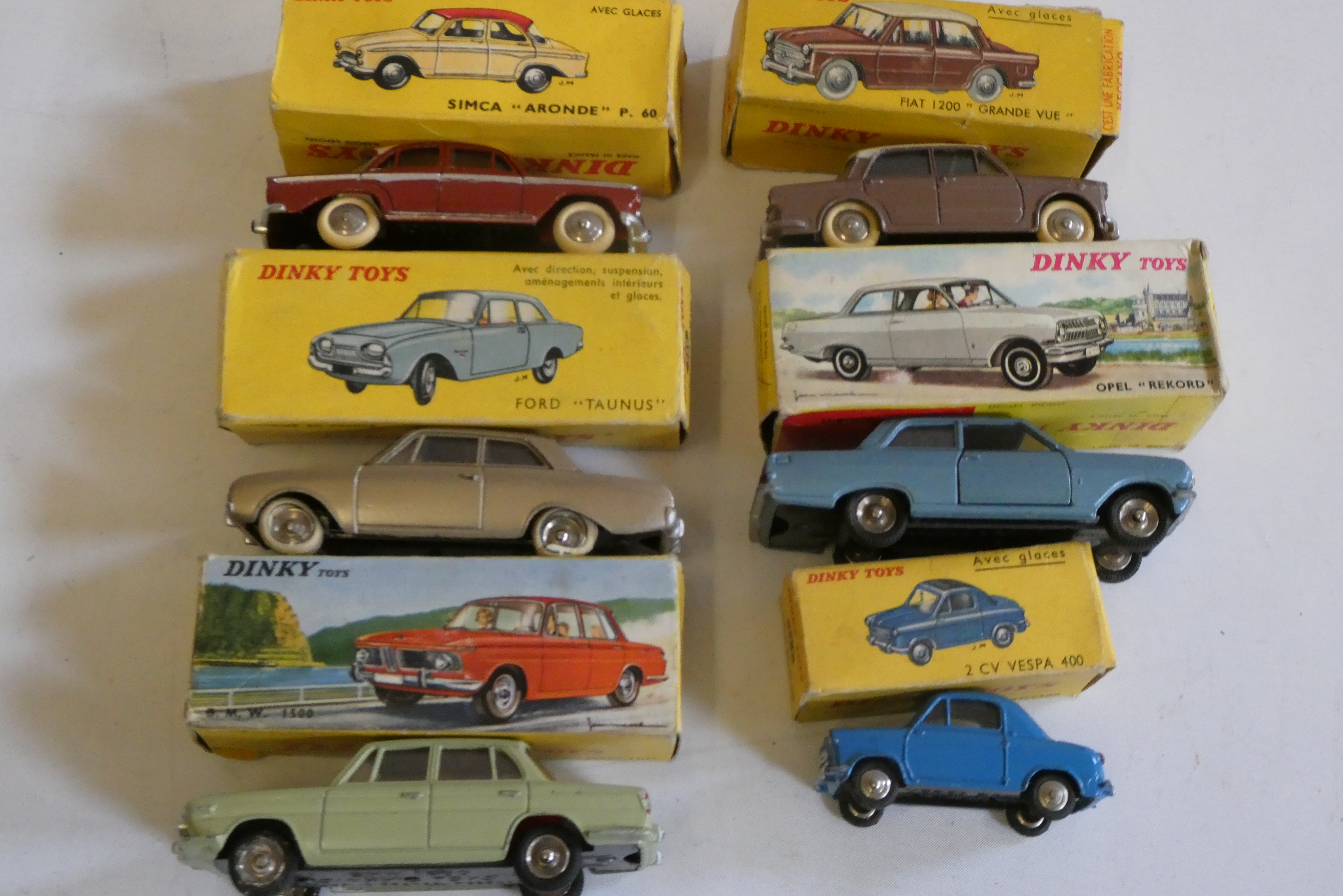Six French Dinky cars comprising Opel Rekord, Simca Aronde, Ford Taunus, BMW 1500, Fiat Grande Vue Image