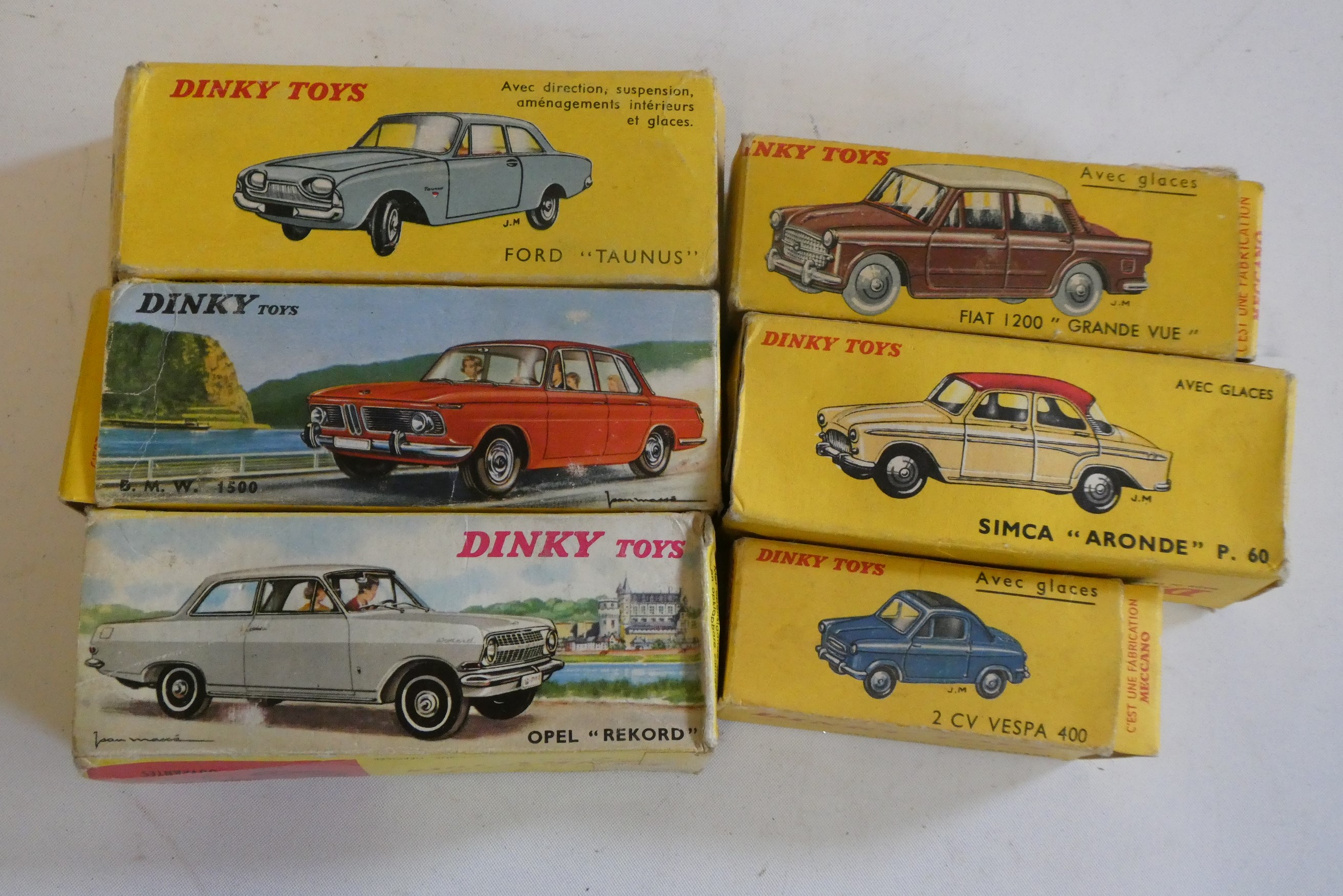 Six French Dinky cars comprising Opel Rekord, Simca Aronde, Ford Taunus, BMW 1500, Fiat Grande Vue Image