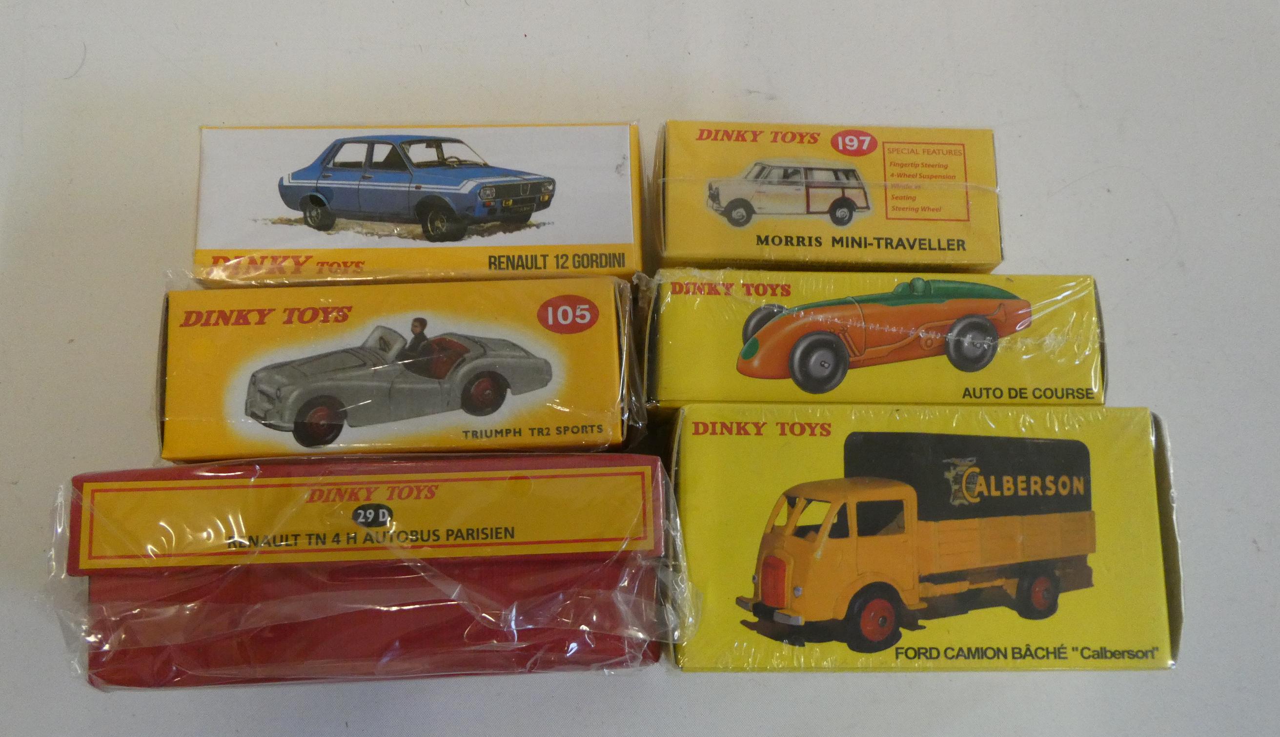 Atlas Dinky 197 Morris Mini Traveller, 105 Triumph TR2 sports car, 23a race car, 1424G Renault 12, Image