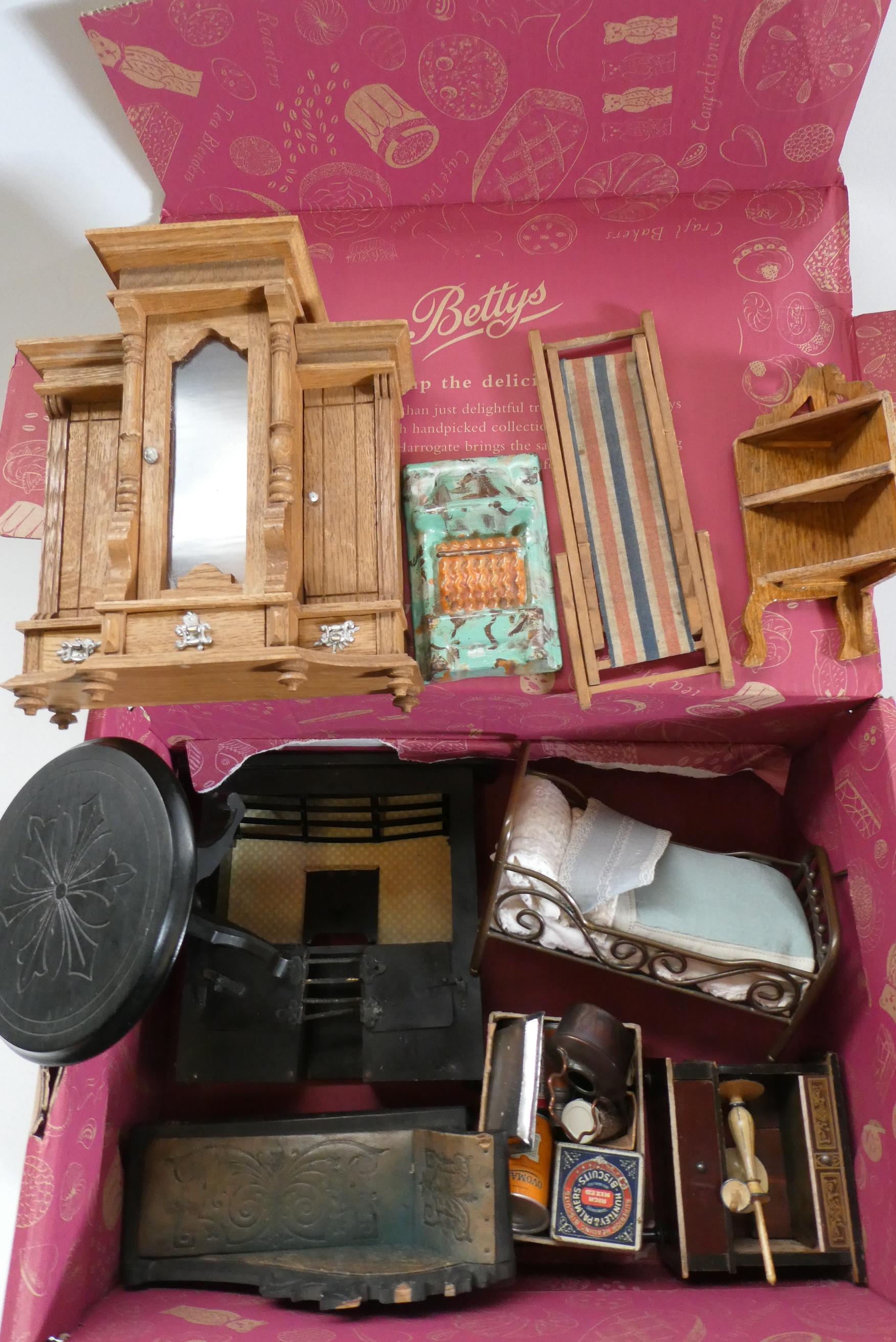 Box of good quality antique & vintage dolls house furniture and accessories, both wood and metal Image