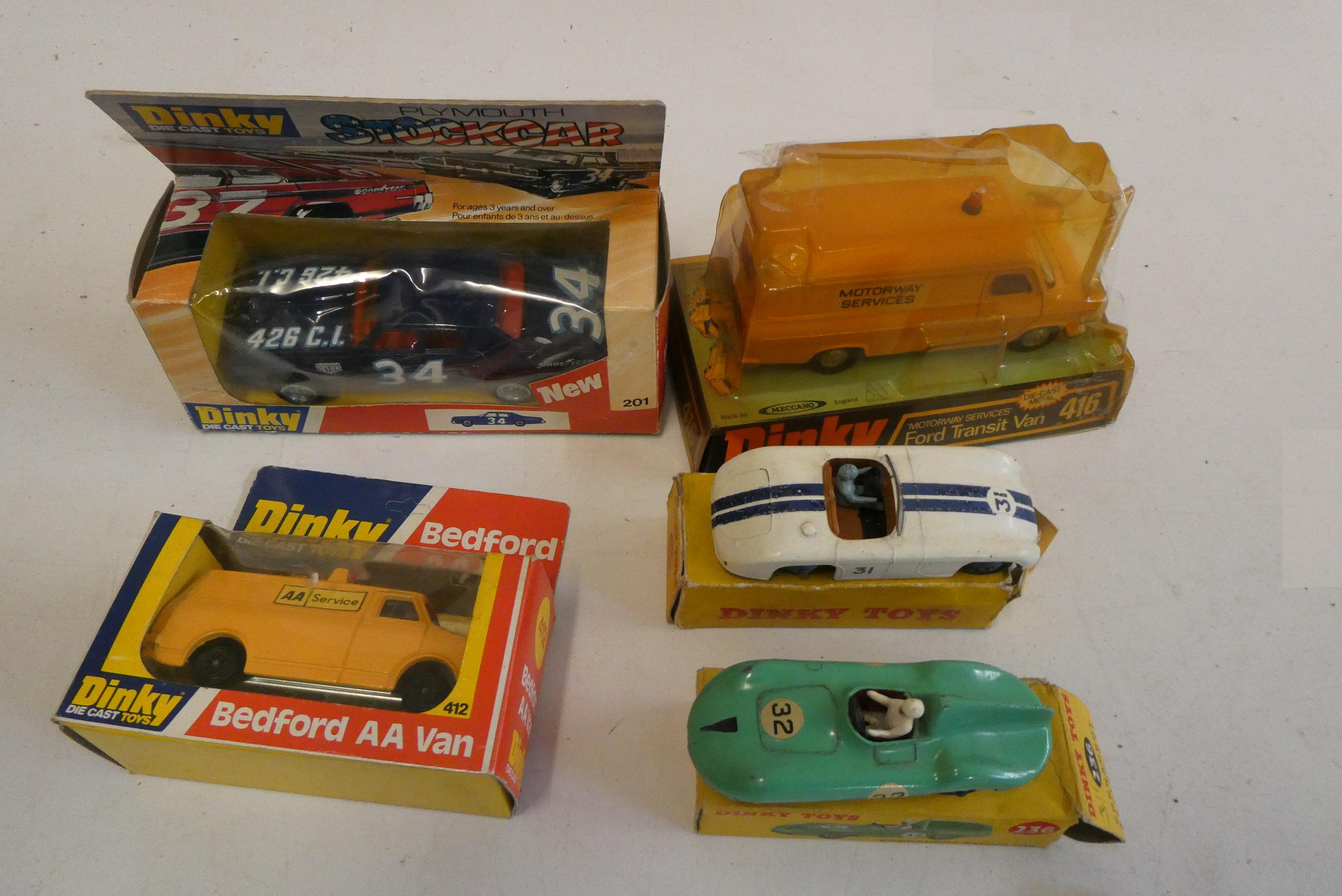 Dinky 416 Ford Transit van, 412 Bedford AA van, 201 Plymouth stock car, 236 Connaught race car and Image