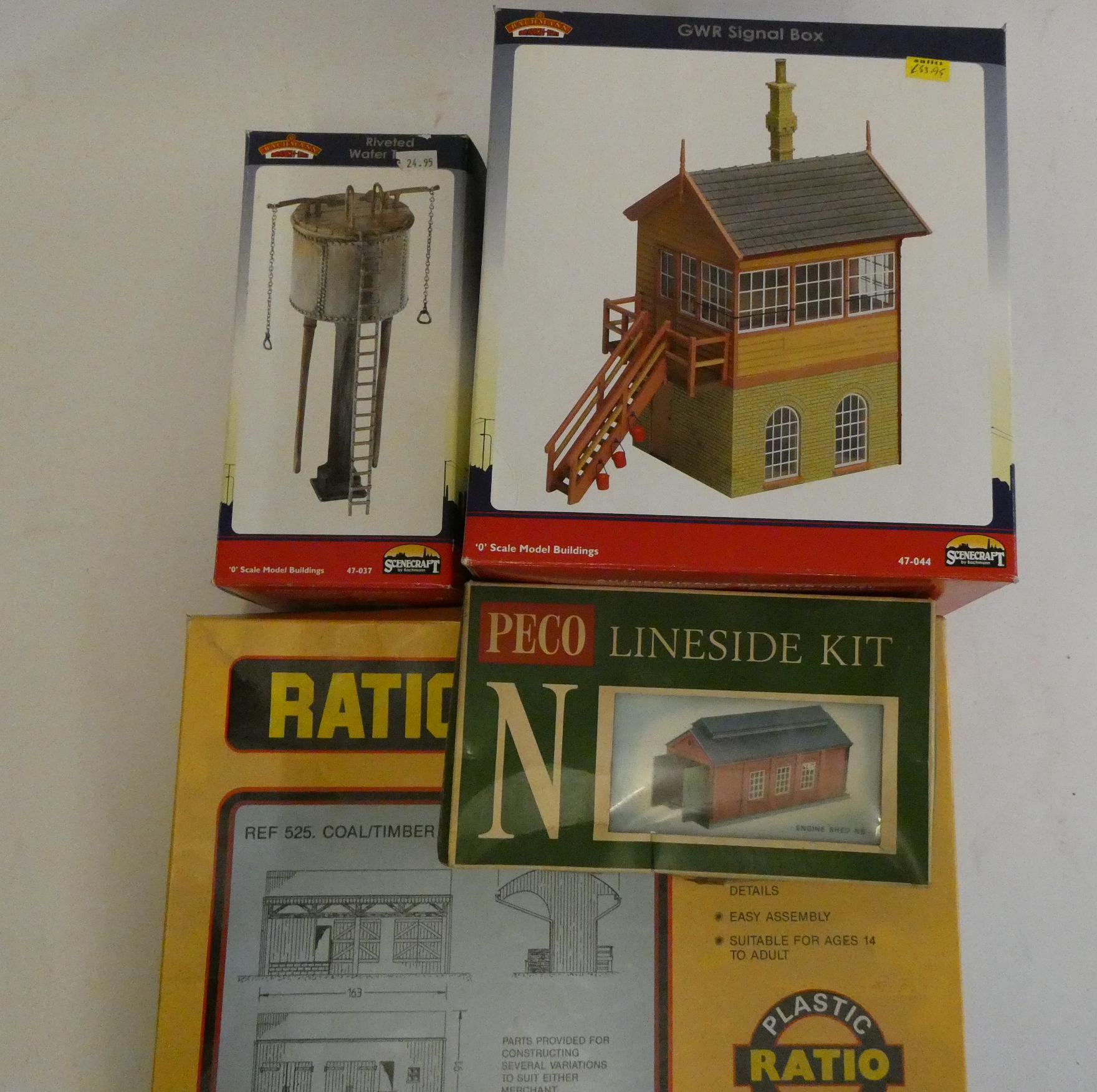 Trackside accessories by Bachmann and others some comprising Gauge 0 GWR signal box, riveted water Image
