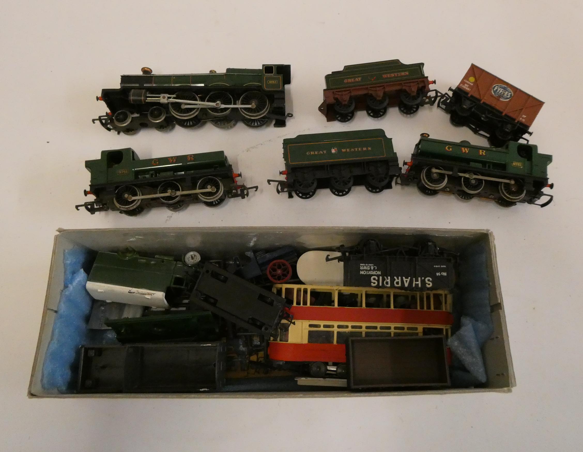 Playworn Trains by Hornby and other including two Pannier tanks and goods trucks, fair to poor Image