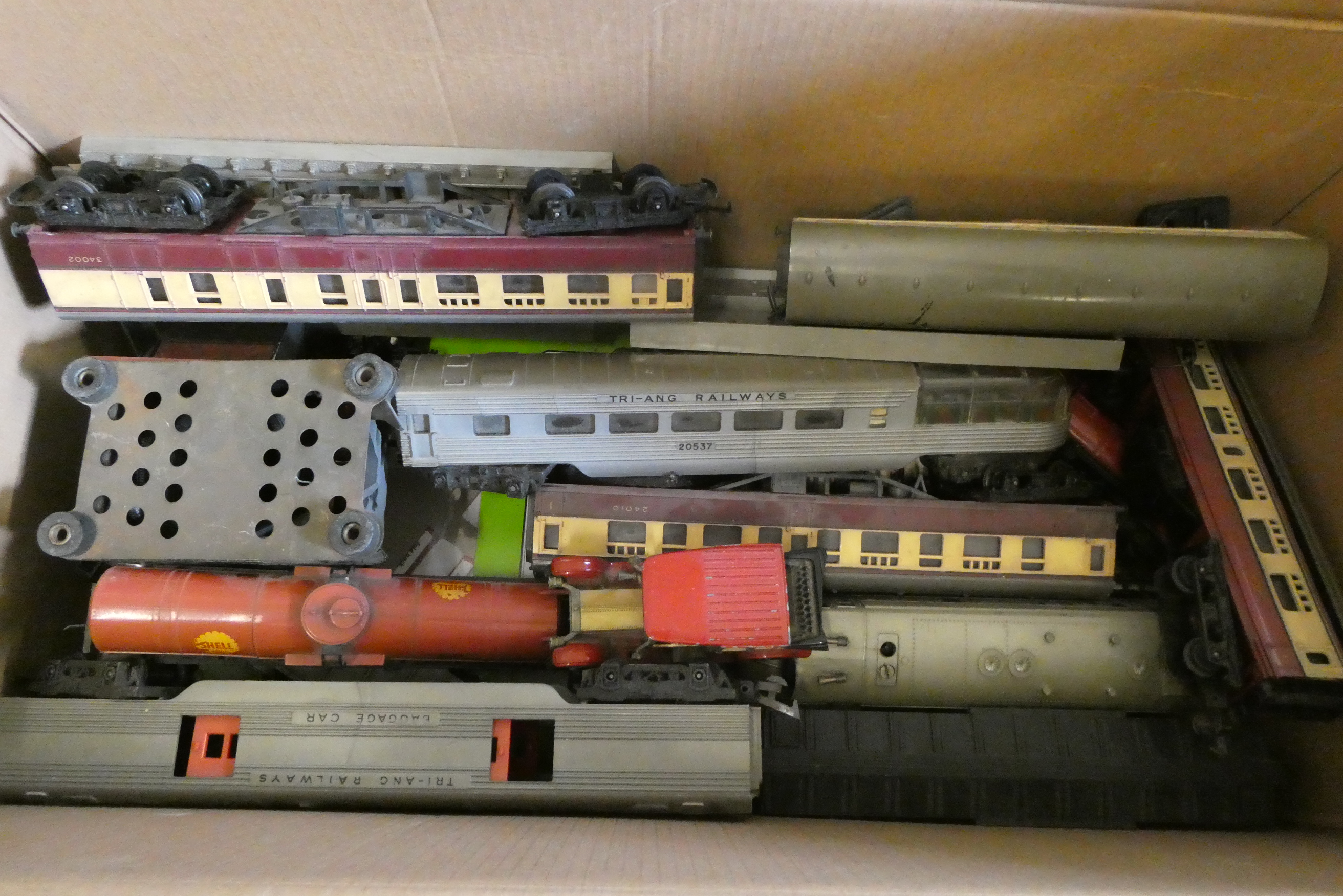 Playworn Trains by Triang and Hornby including rolling stock trackside accessories, two Dapol Image