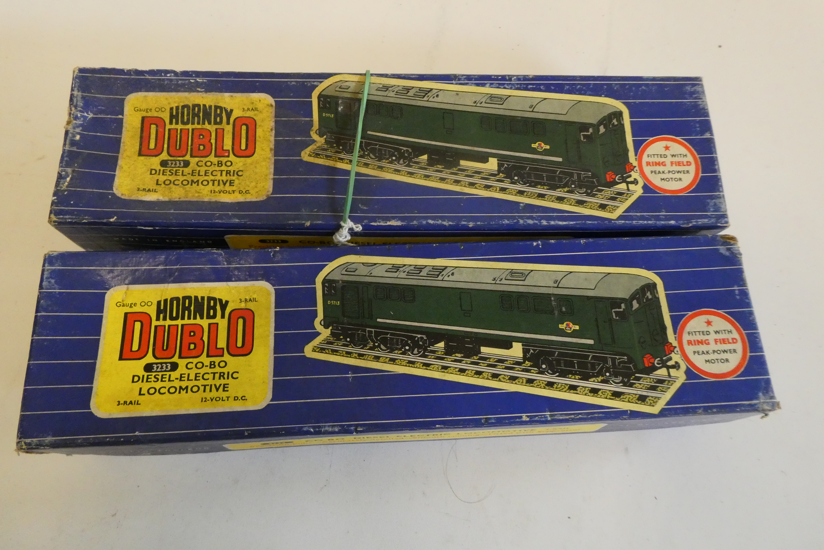 Two Hornby Dublo Co-Bo 3 rail diesel electric locomotives, items boxed, fair to good Image