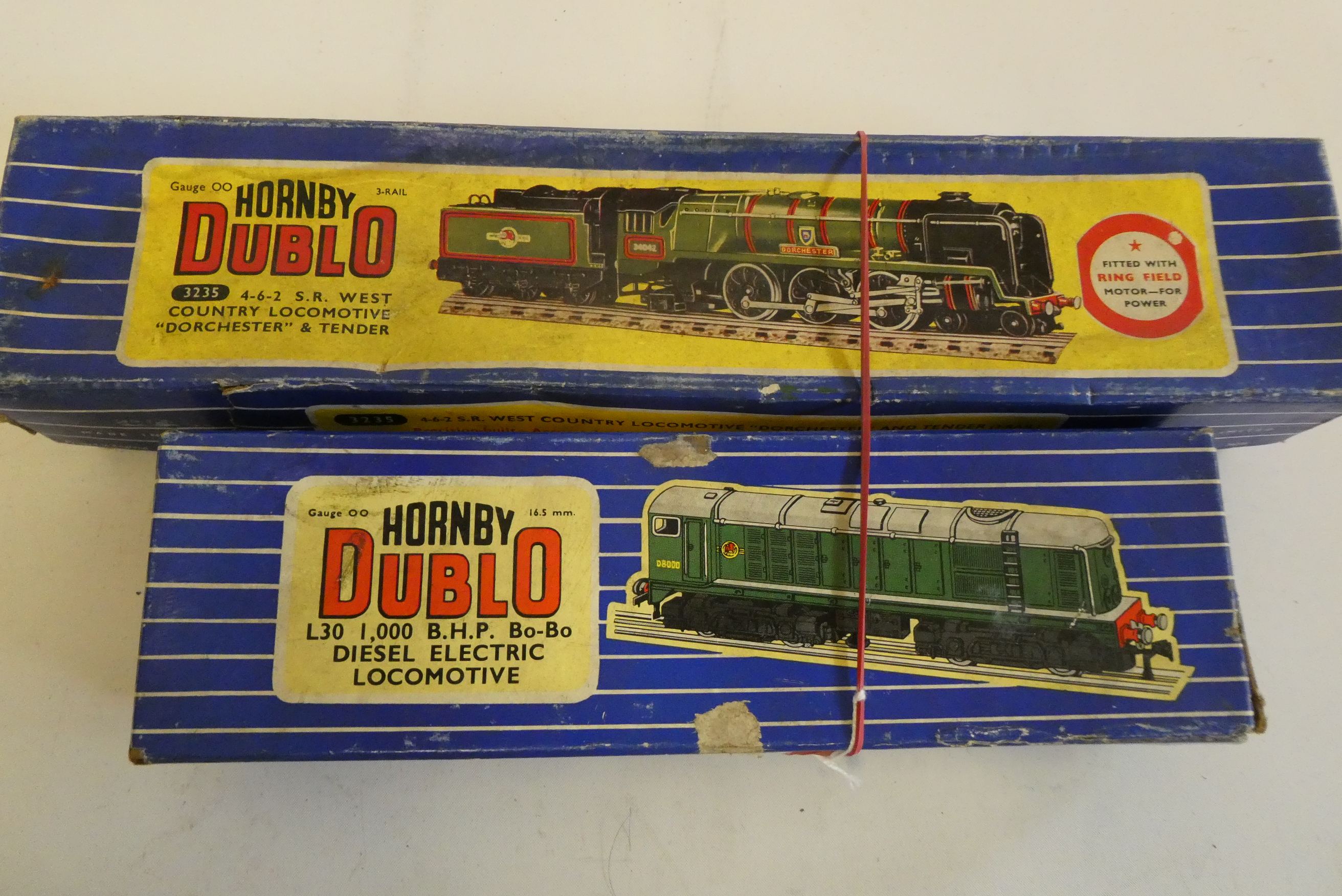 Two Hornby Dublo Locomotives comprising West Country Class Dorchester, boxed, fair to good, and a Image