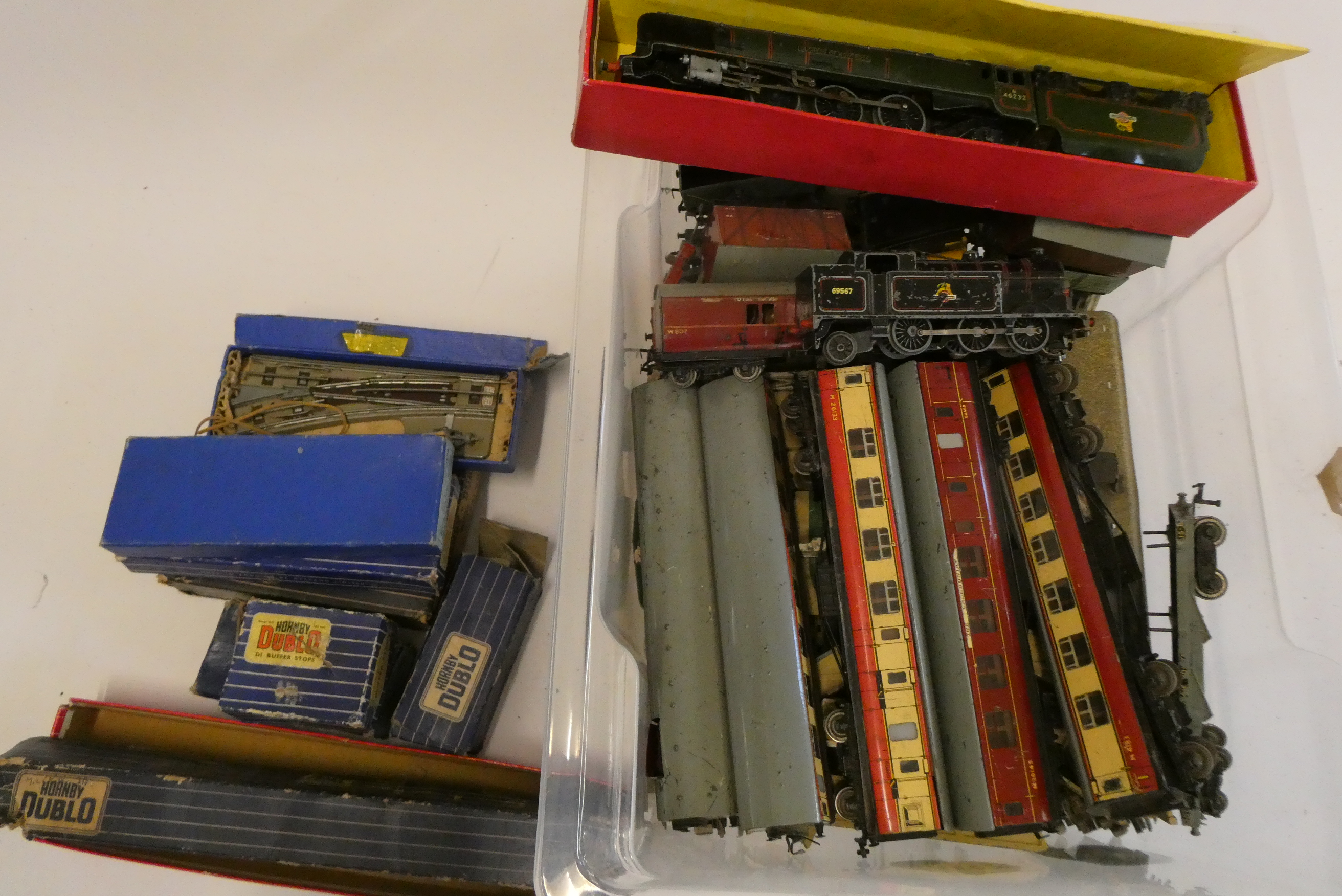 Hornby Dublo 3 rail playworn trains including Duchess of Montrose British railway tank locomotive, Image