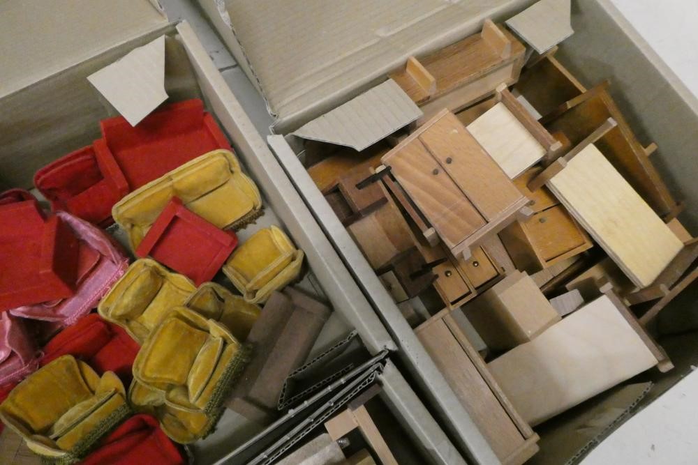 Five boxes of dolls house furniture, comprising one box of upholstered sit on suites and four boxes Image