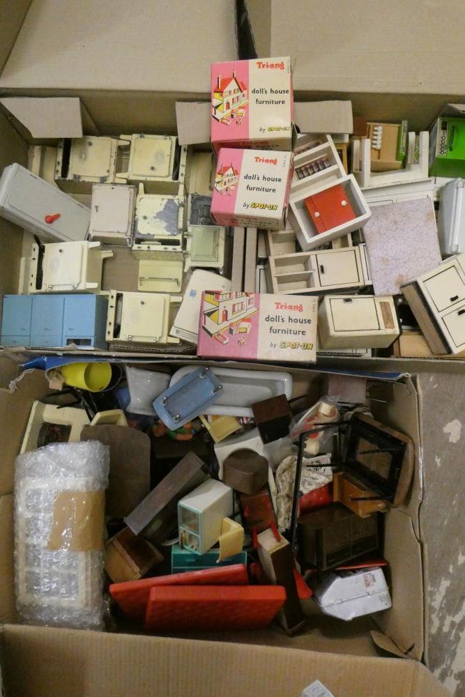 Three boxes of mainly vintage dolls house furniture and accessories Image