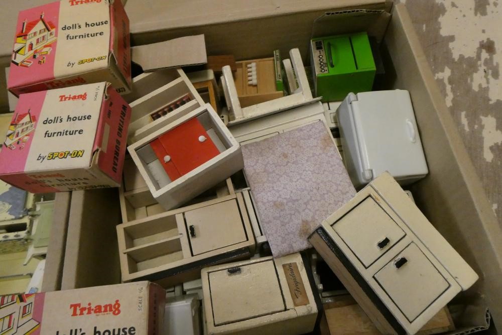 Three boxes of mainly vintage dolls house furniture and accessories Image