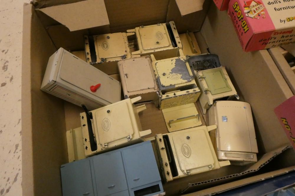 Three boxes of mainly vintage dolls house furniture and accessories Image