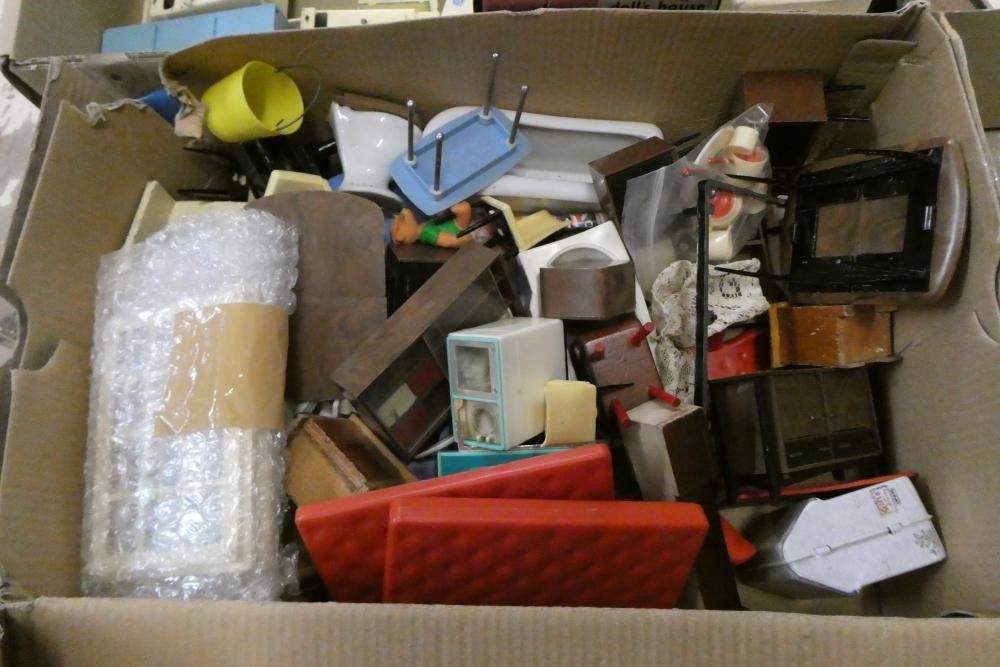 Three boxes of mainly vintage dolls house furniture and accessories Image