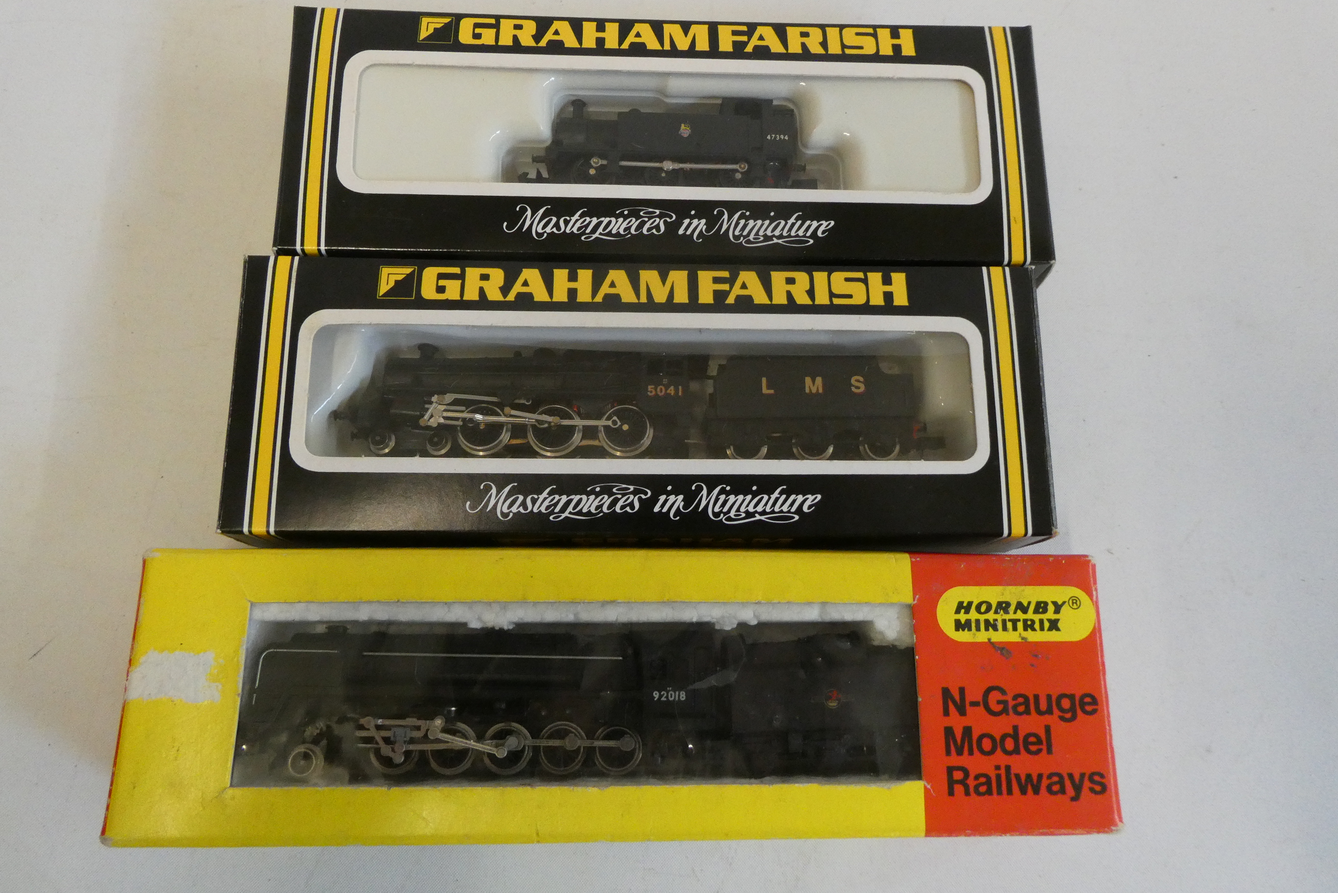 Graham Farish N gauge Jinty locomotive in BR Black, LMS black, Five and Minitrix BR 9F locomotive Image