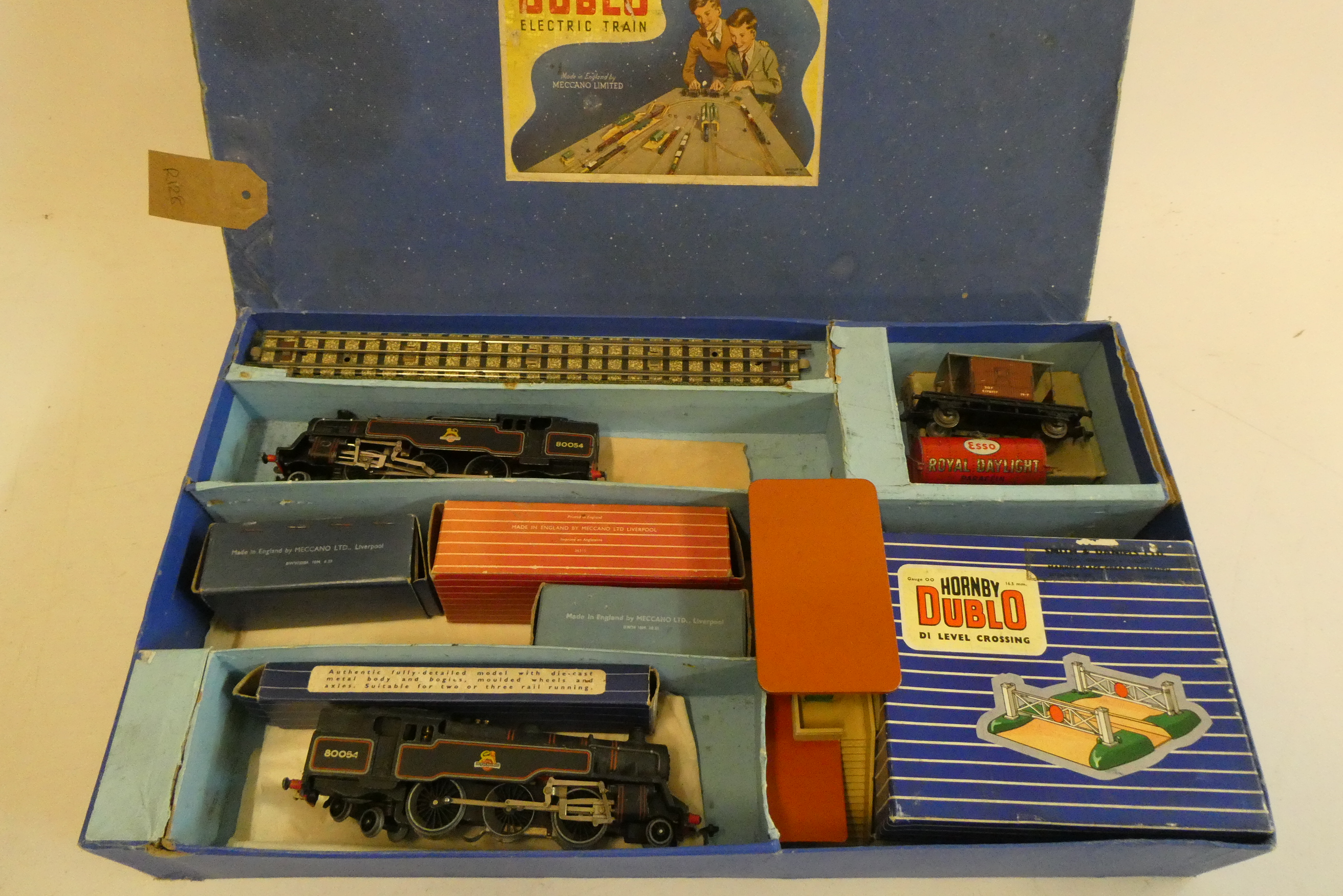 Hornby Dublo 2-6-4 tank locomotives, five goods trucks, signal box and level crossing, some items Image