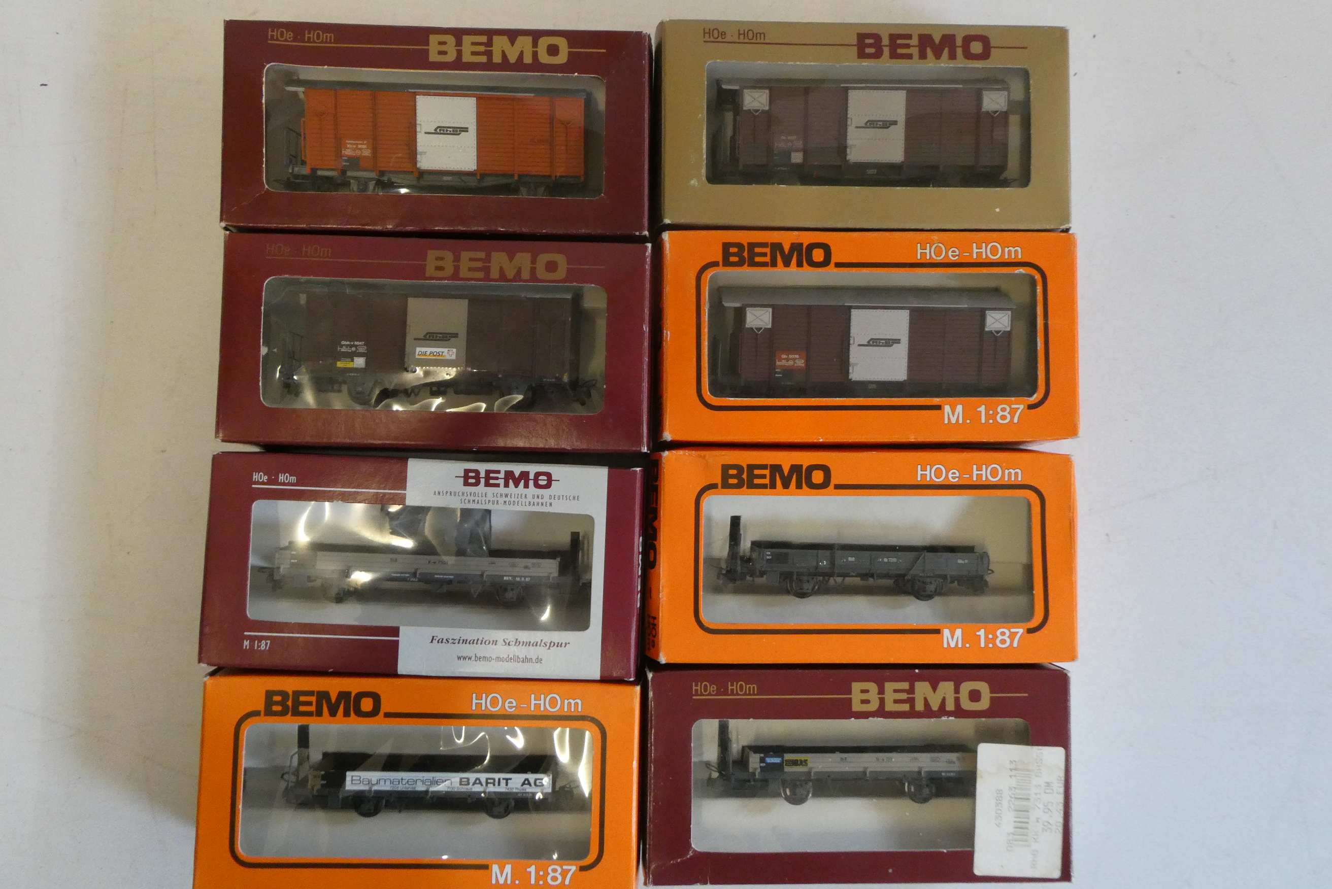 Eight Bemo HOm goods wagons comprising four covered van and four open wagons, all items boxed, Image