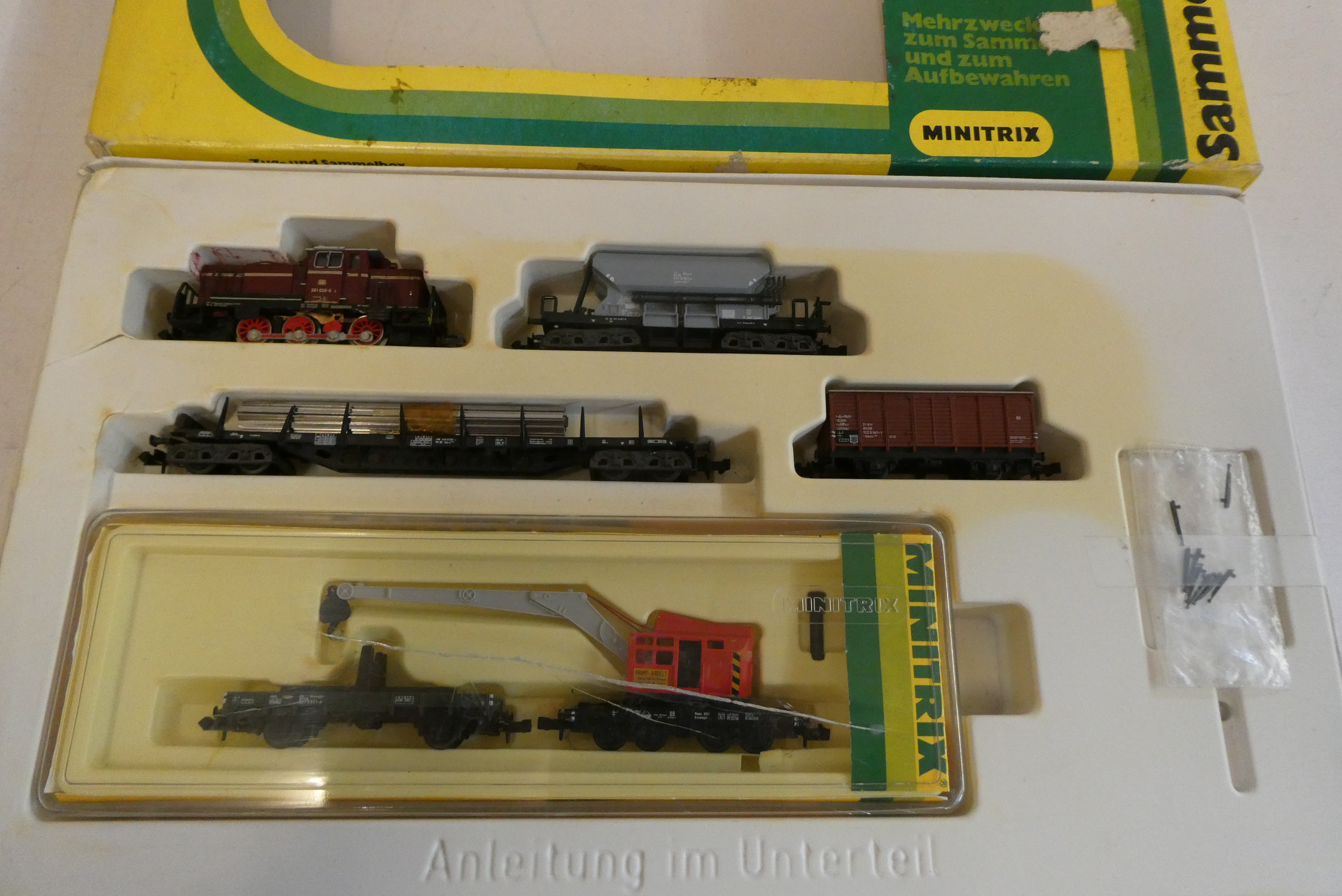 Minitrix Track Maintenance Train Set comprising diesel locomotive hopper wagon, bogie rails Image