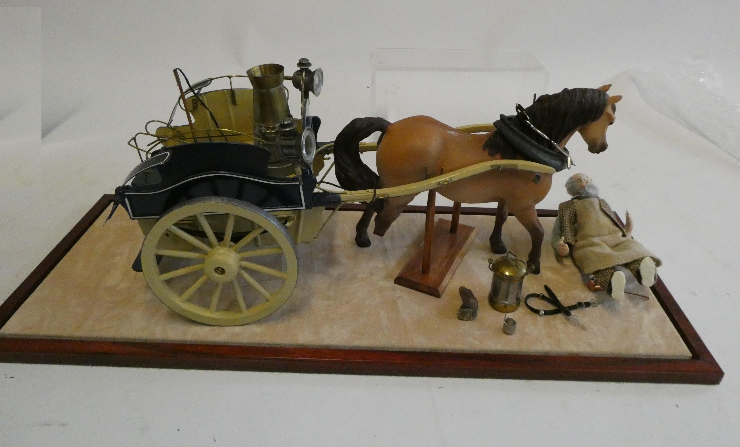 Approximately 1:8. Scale Model of horse drawn milk cart with horse and driver, in glass case, horse Image