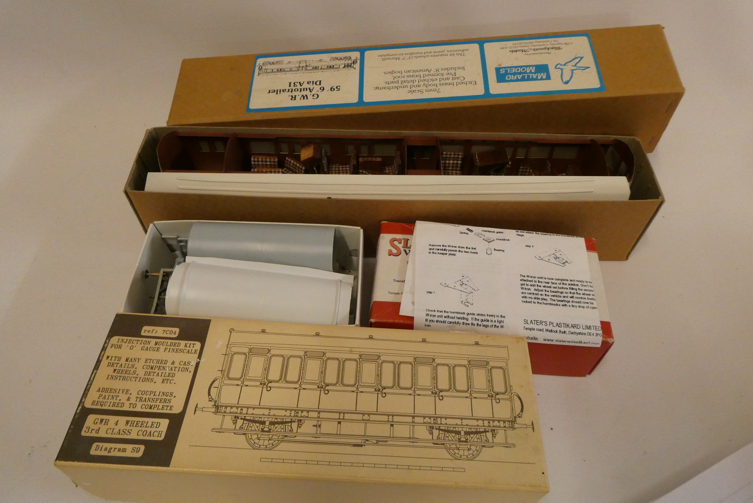 Three O gauge kits comprising GWR 4-wheel coach, Slaters Tank wagon and Mallard models, GWR Auto Image