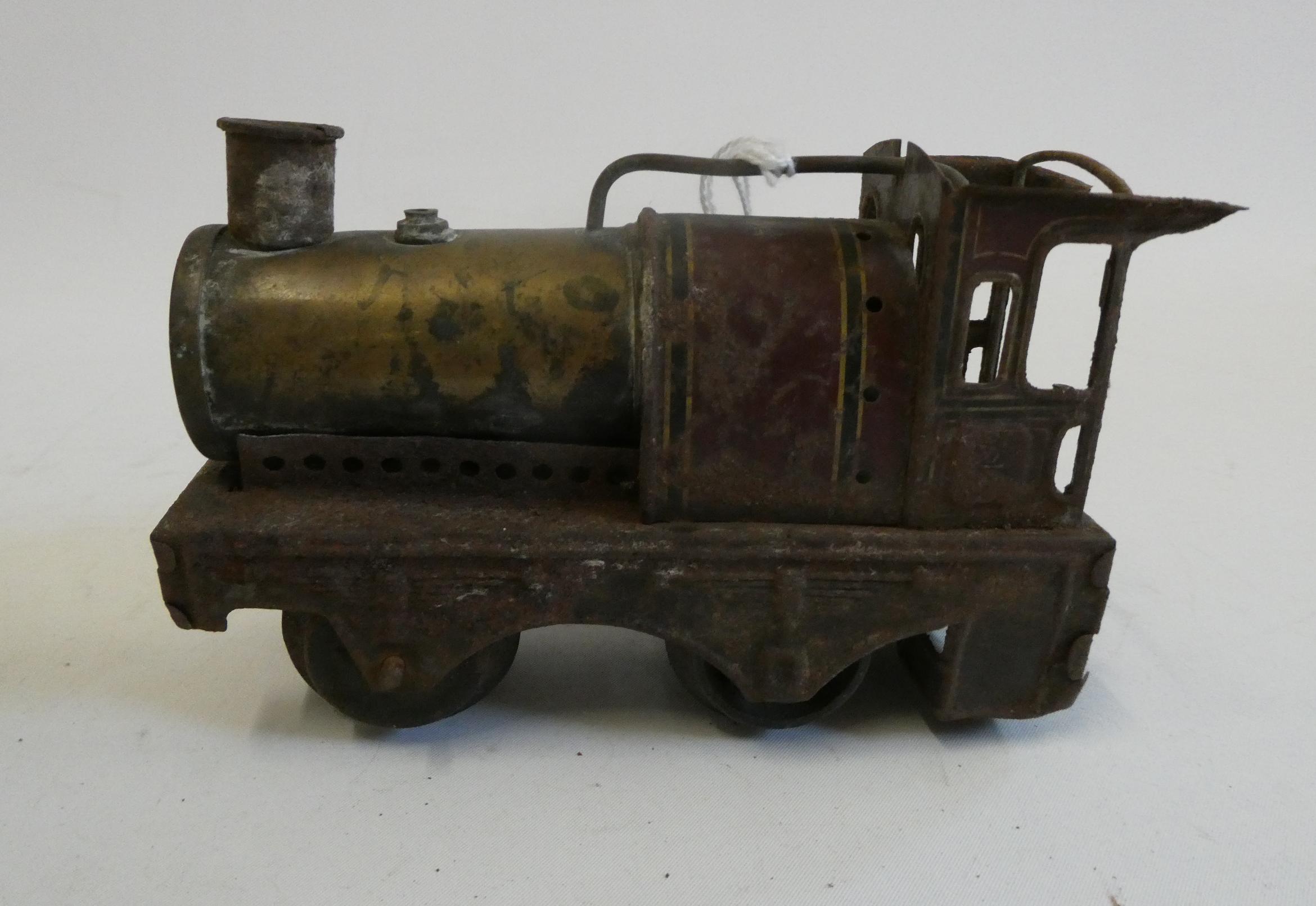 Bing 0-4-0 single cylinder steam locomotive, body work rusting, cab roof and sprit burner missing, Image