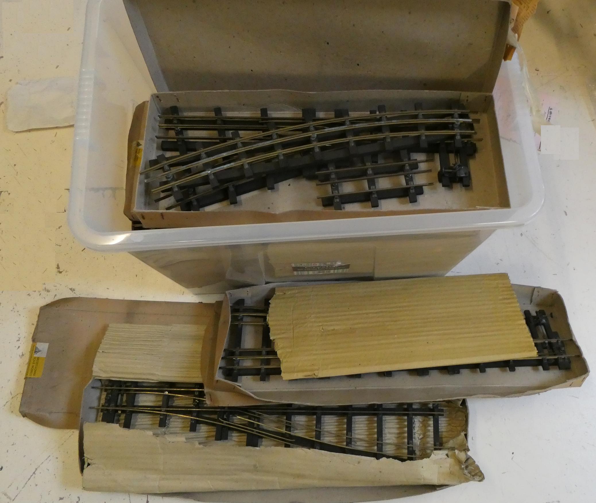 A quantity of Basset-Lowke wooden batten 3-rail track including straight curved and points, some Image