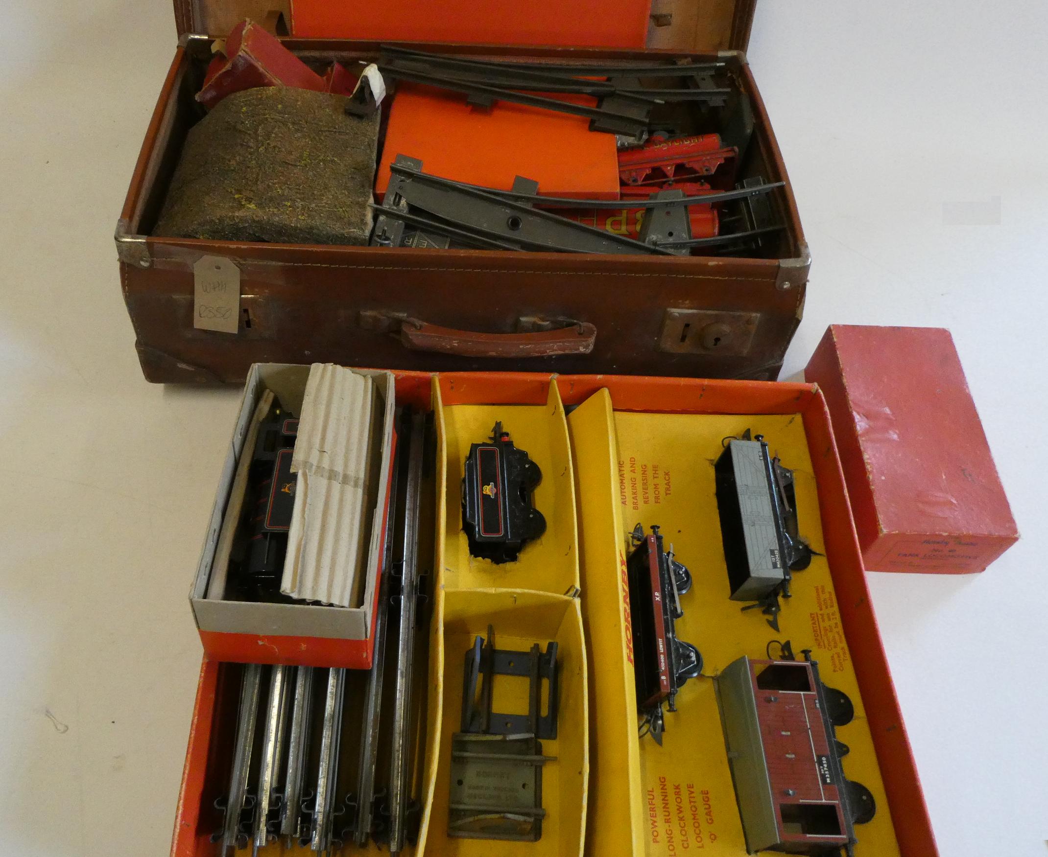 Playworn trains by Hornby and others including BR No40 clockwork tank locomotive, goods wagons, Image