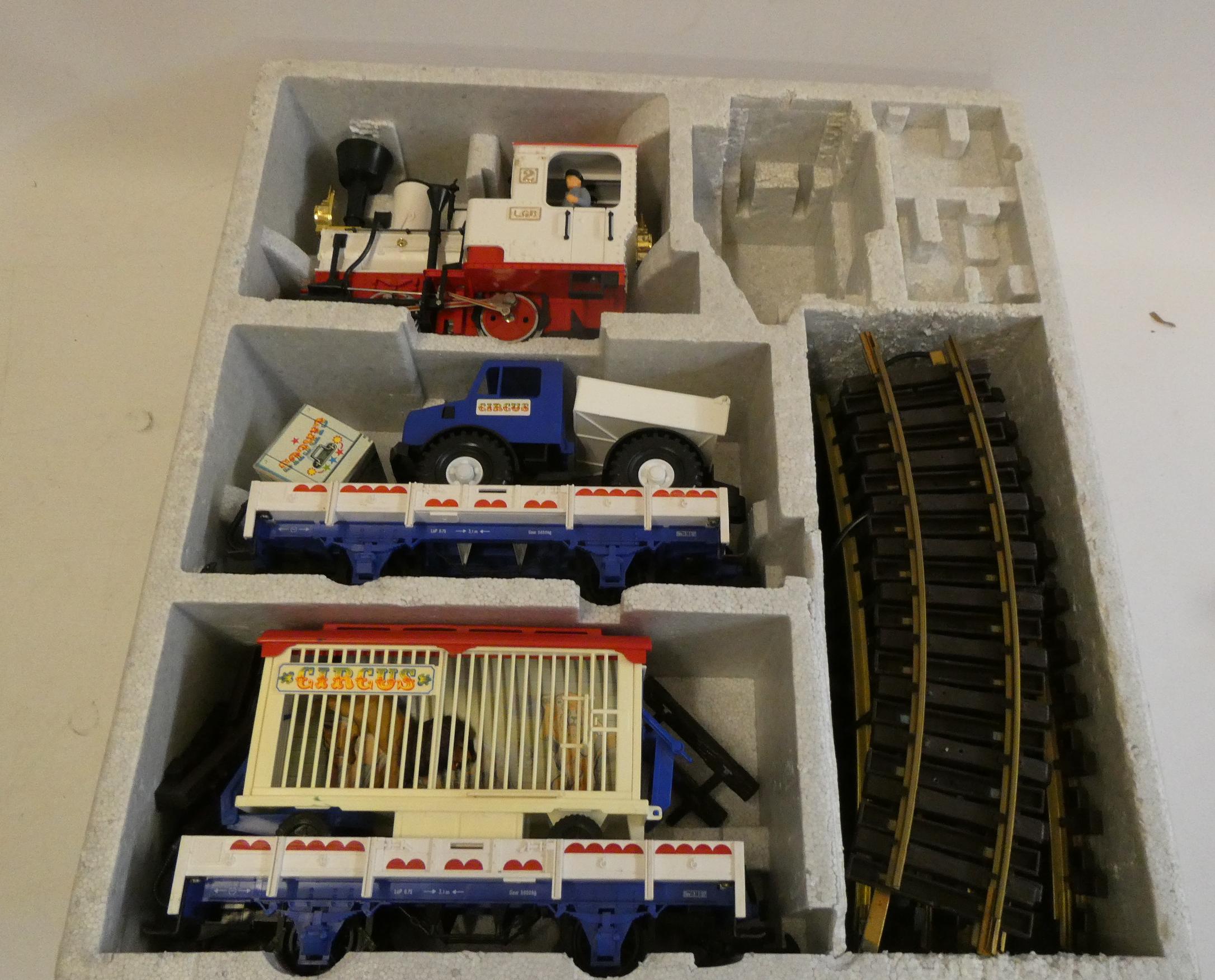 LGB Circus Train Set with white 0-4-0 locomotive and two circus wagons, boxed, good to excellent Image
